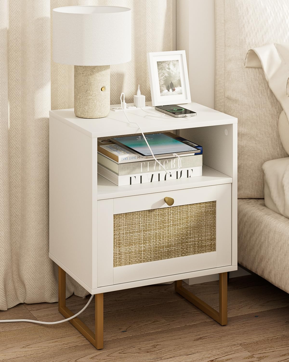 Masupu Extra Large Rattan Nightstand with Charging Station,Boho Night Stand Modern Farmhouse Wood Bedside Table with Storage Drawer and Open Shelf,Side End Table for Bedroom,Living Room,Office White