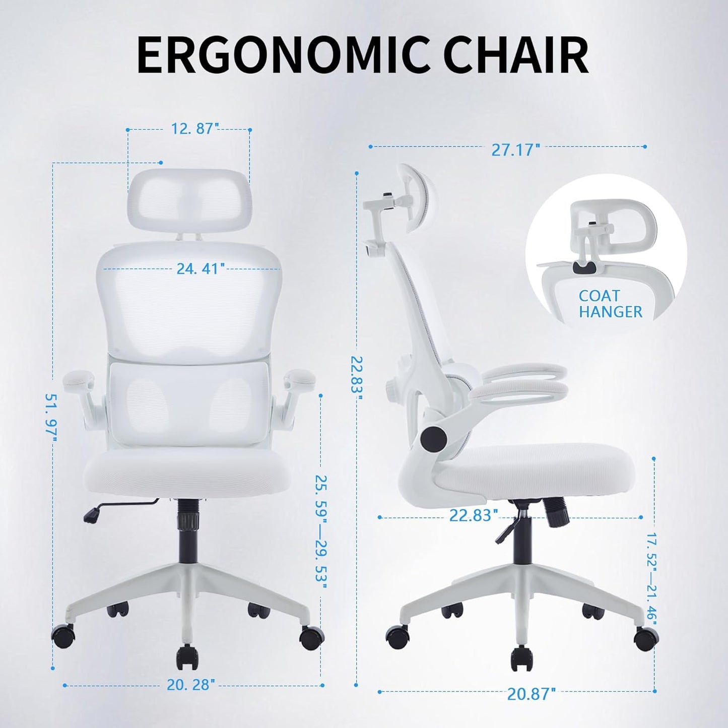 Ergonomic Mesh Office Chair, 400 lbs Capacity, High Back Desk Chair with Adjustable Lumbar Support, 3D Headrest, Flip-Up Armrests, and PU Wheels for Long Workdays and Home Office (White)