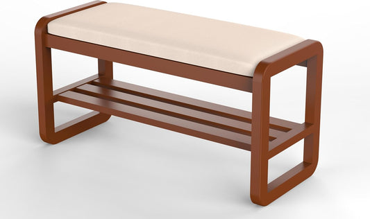 Solid Wood Shoe Rack, 2 Tier Shoe Storage Bench with Cushion Seat, 10 Pair Shoe Organizer for Entryway, Cherrywood, 39 Inch