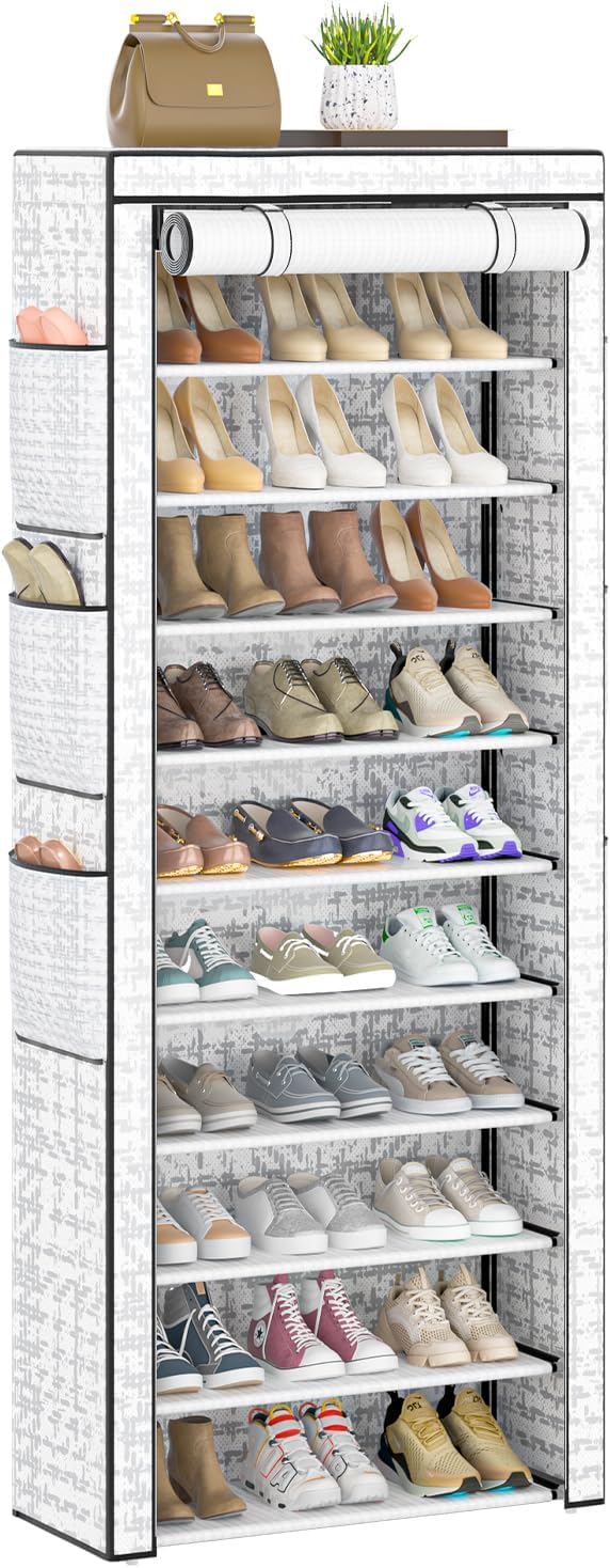 Shoes Rack 10 Tier Tall Shoe Rack with Storage Pockets, Fabric Covered Shoe Racks,Metal Shoes Rack Organizer for Closets,Bedroom, Garage