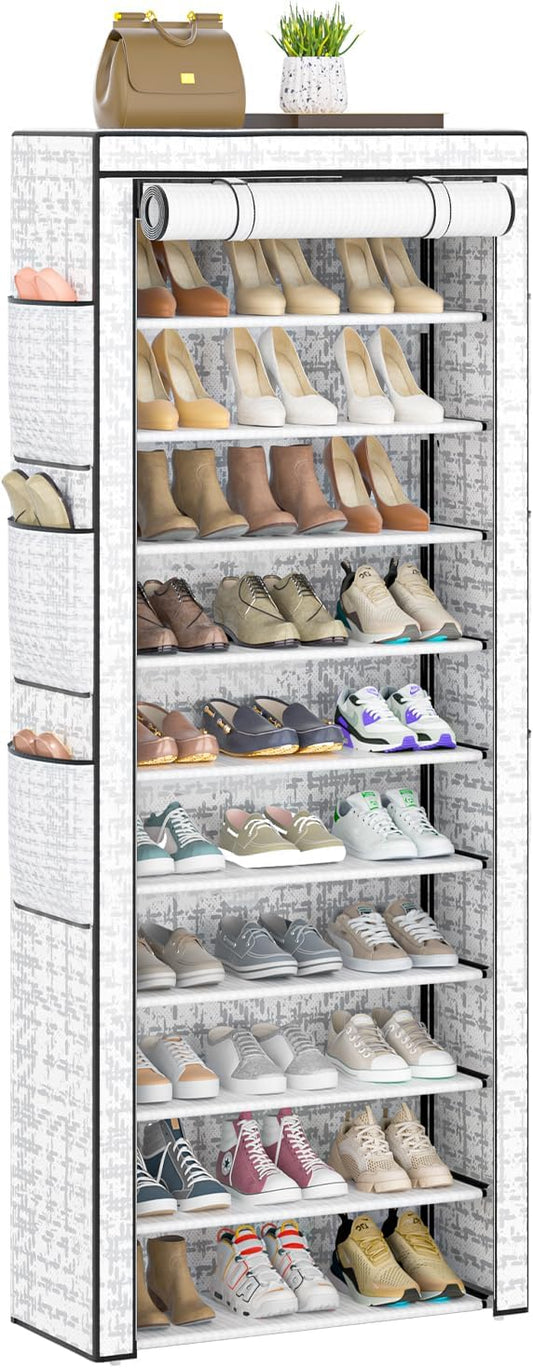 Shoes Rack 10 Tier Tall Shoe Rack with Storage Pockets, Fabric Covered Shoe Racks,Metal Shoes Rack Organizer for Closets,Bedroom, Garage