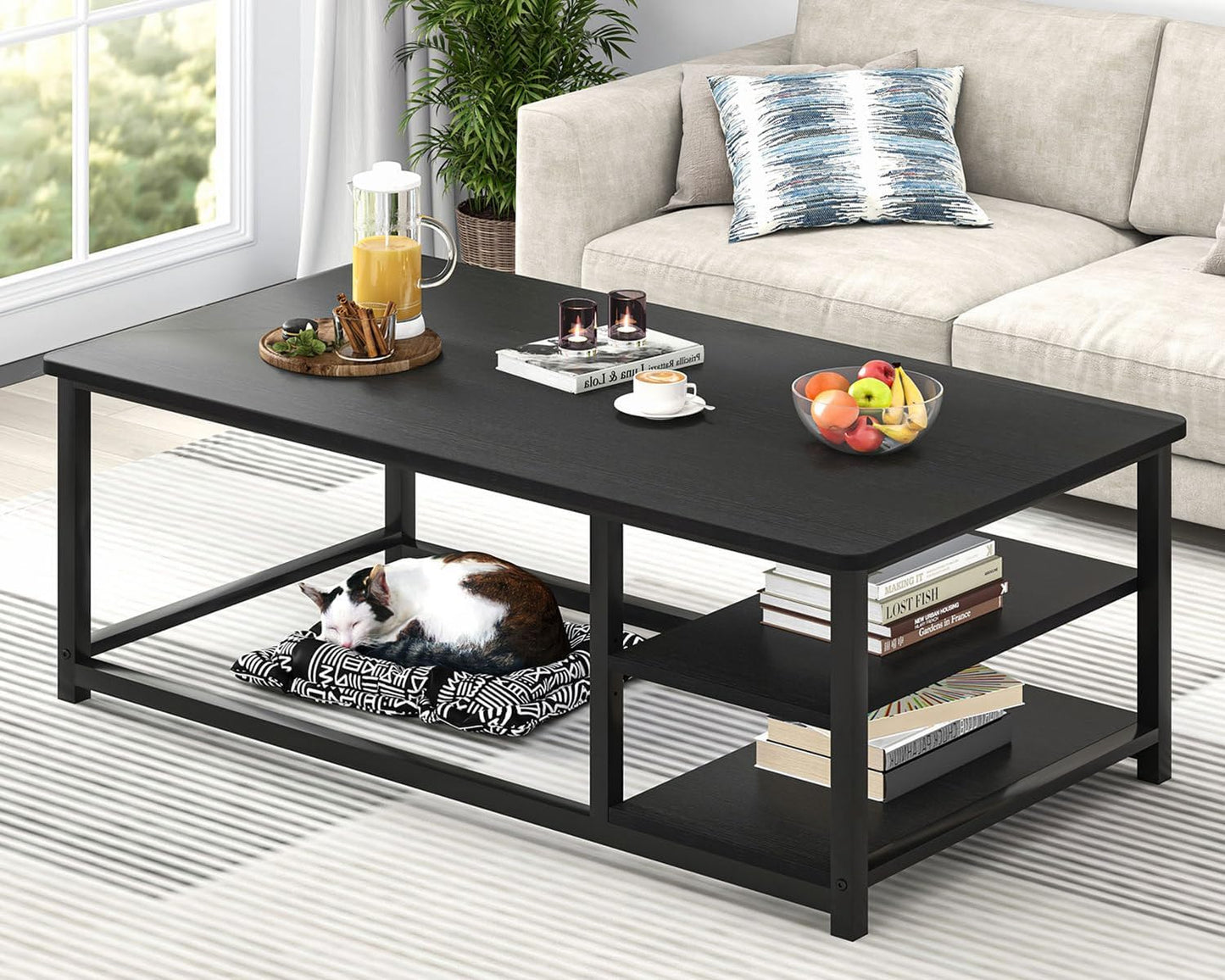 EXCEFUR Black Coffee Table, Rustic Wood Living Room Table with Storage Shelf, Modern Rectangle Center Table, 47 Inch