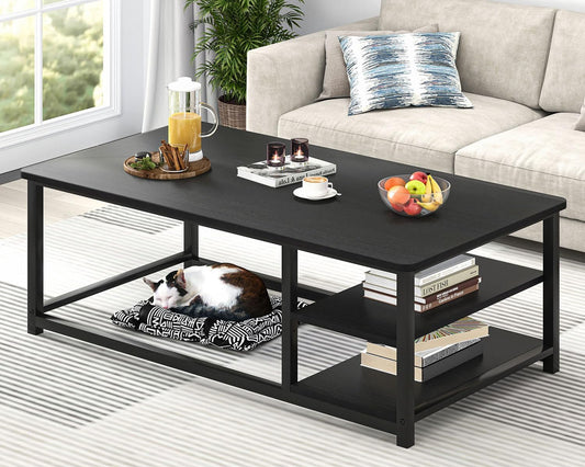 EXCEFUR Black Coffee Table, Rustic Wood Living Room Table with Storage Shelf, Modern Rectangle Center Table, 47 Inch