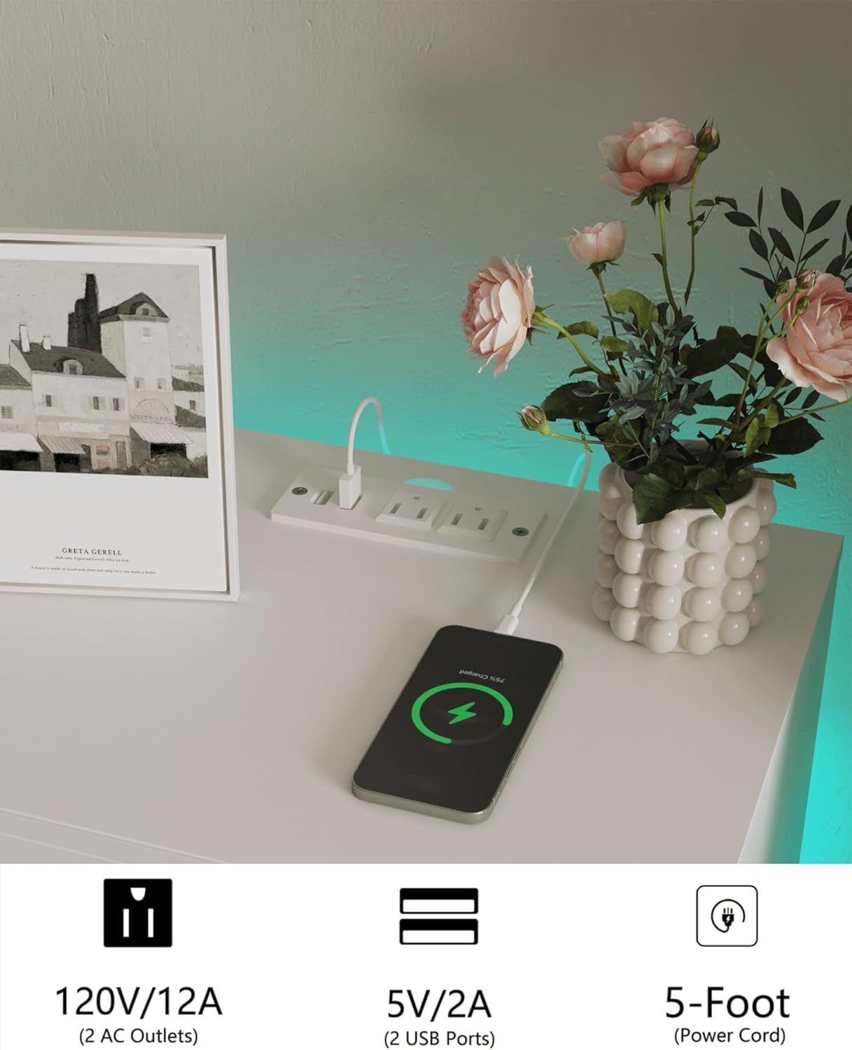 White Nightstand with Charging Station and LED Lights,Modern Bedside Table with 2 Storage Drawer,Night Stand with Solid Wood Legs,White (White-2)