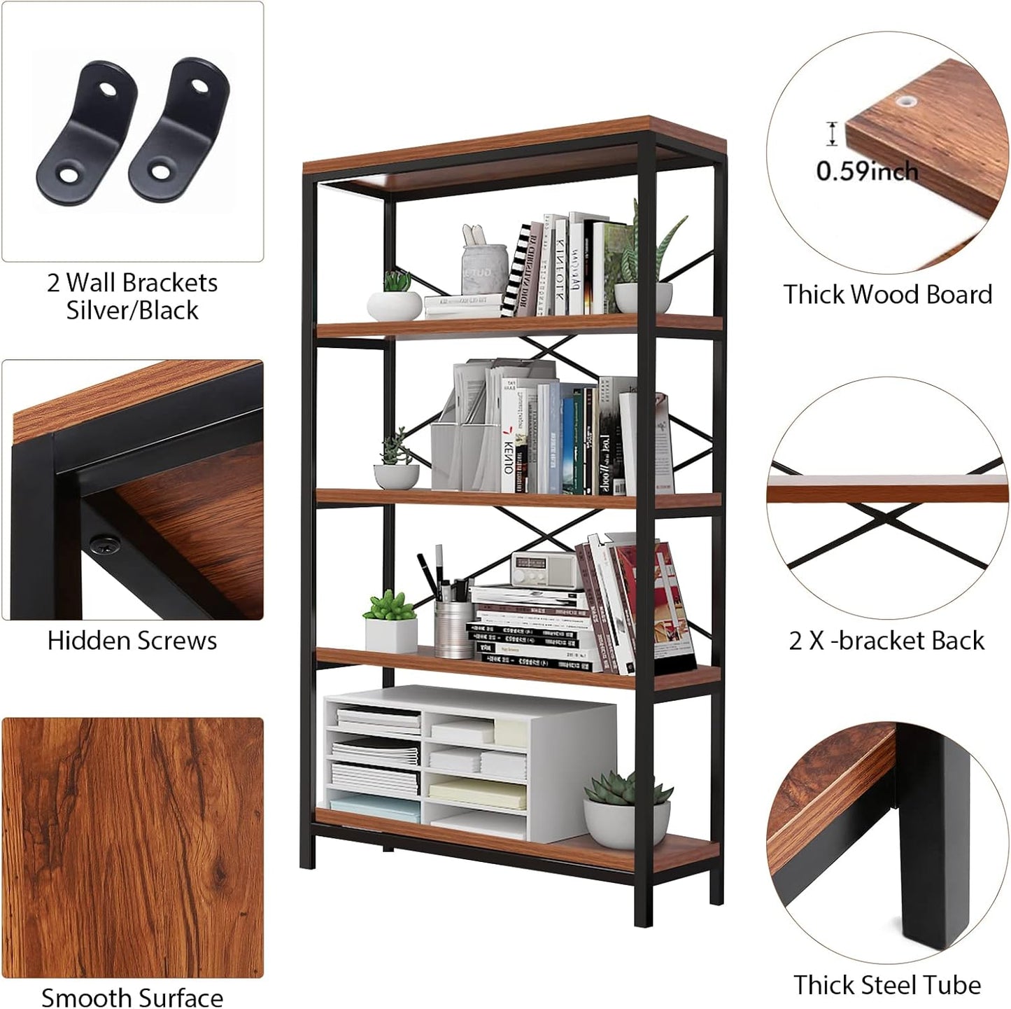 Himimi Industrial Bookshelf 5-Tier Set of 2, Bookcase 58" H Ladder Shelf, Storage Shelves Rack Shelf Unit, Accent Furniture Metal Frame, Home Office Furniture, Vintage Brown（2PCS）