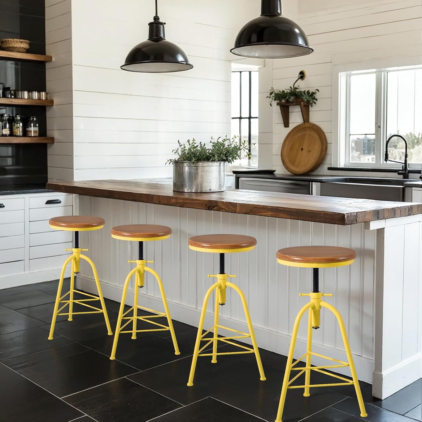 Topower Antique Industrial Design Metal Adjustable Height Bar Stool Kitchen Dining Breakfast Chair Wood Seat Counter Stool Set of 2