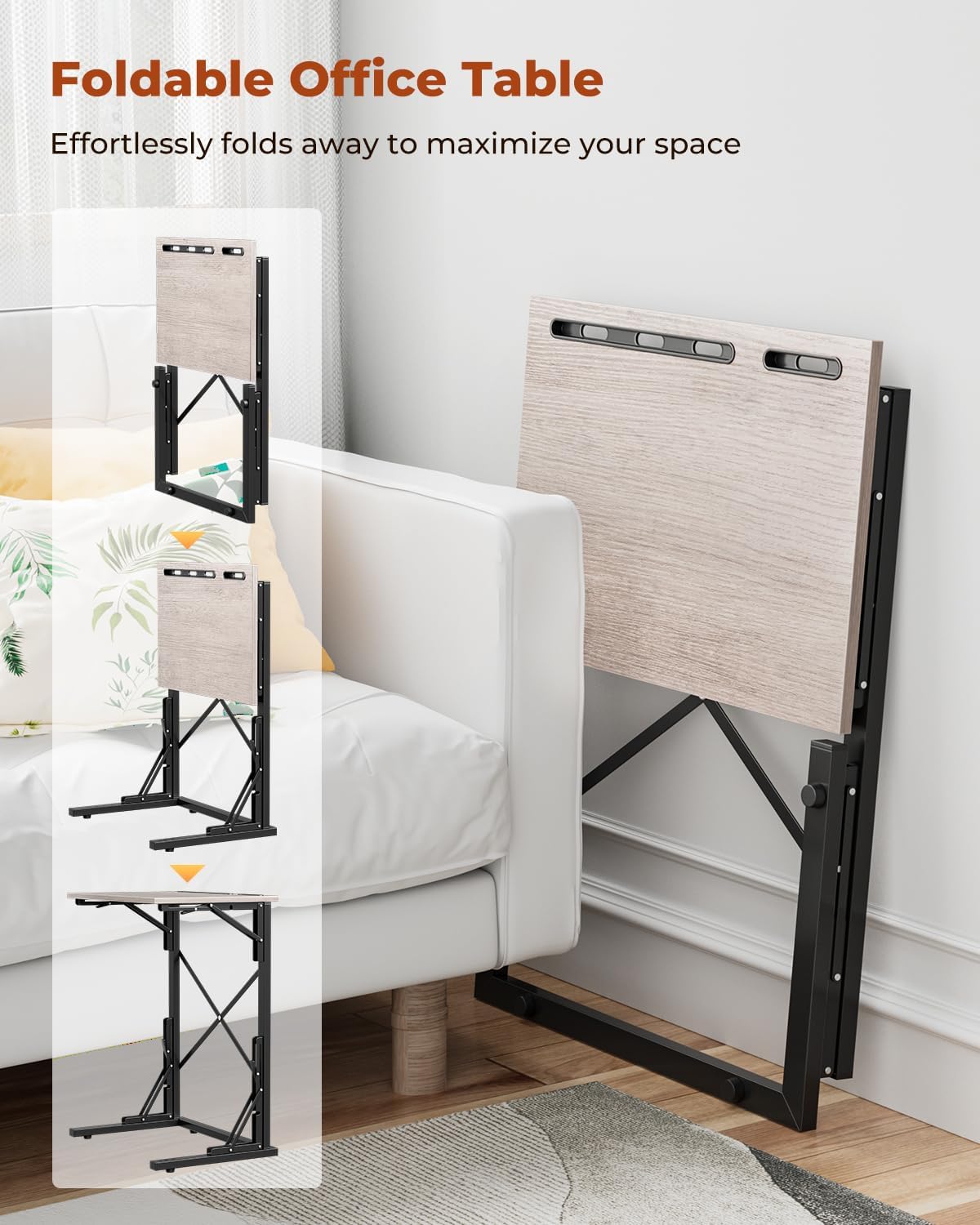 21''Wx28''H Folding TV Tray for Eating, Small Foldable C-Shaped Tray Table with Tablet and Phone Slots, Slide Under Couch Side Table for Recliner, Living Room, Bedroom, Greige