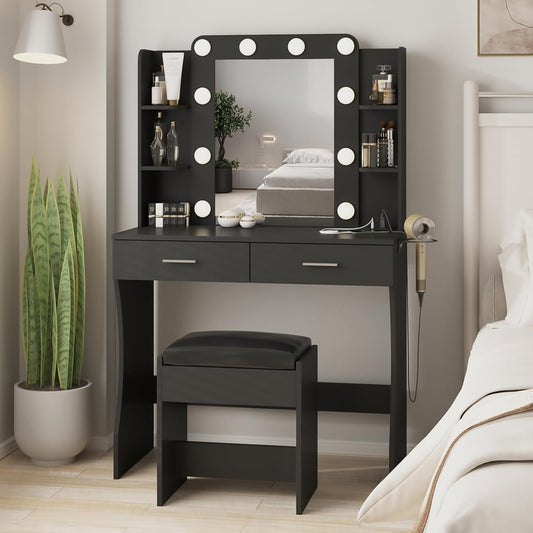 Vabches Vanity Desk with Lights,Makeup Vanity with Power Strip,Dressing Table Set with 2 Large Drawers,Vanity Mirror 3 Lighting Color Adjustable,Black