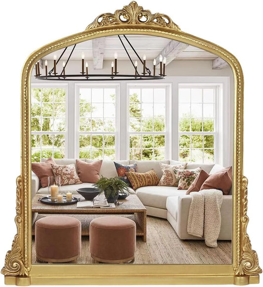 Traditional Ornate Arched Wall Mirror Baroque Vintage Framed Bathroom Vanity Large Rectangle Gilded, 34''H x 32'' W, Antique Gold