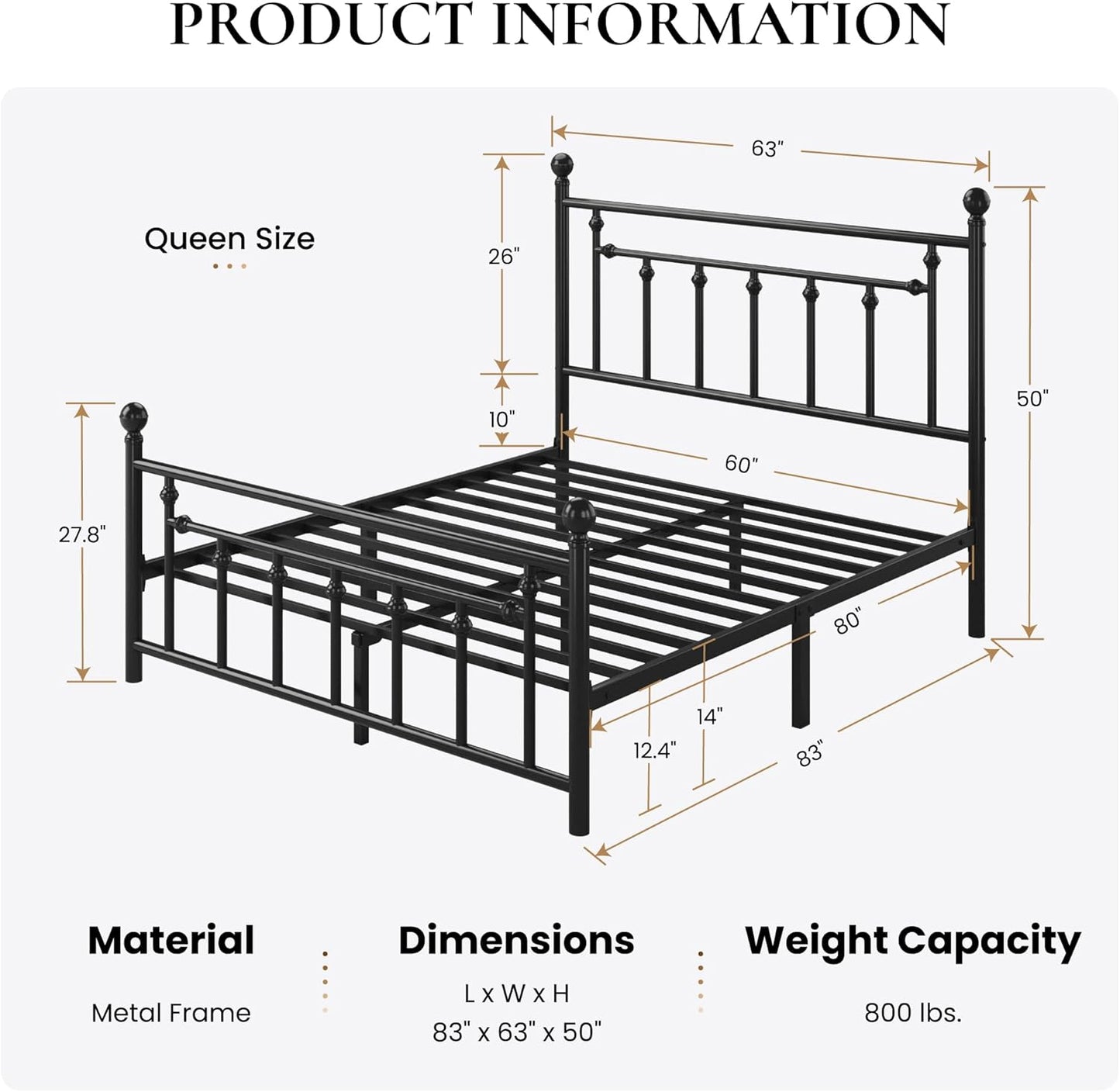 SHA CERLIN 14'' Queen Size Metal Platform Bed Frame/Victorian Headboard and Footboard/Steel Slats Mattress Foundation for Storage/No Box Spring Needed/Noise Free/Black