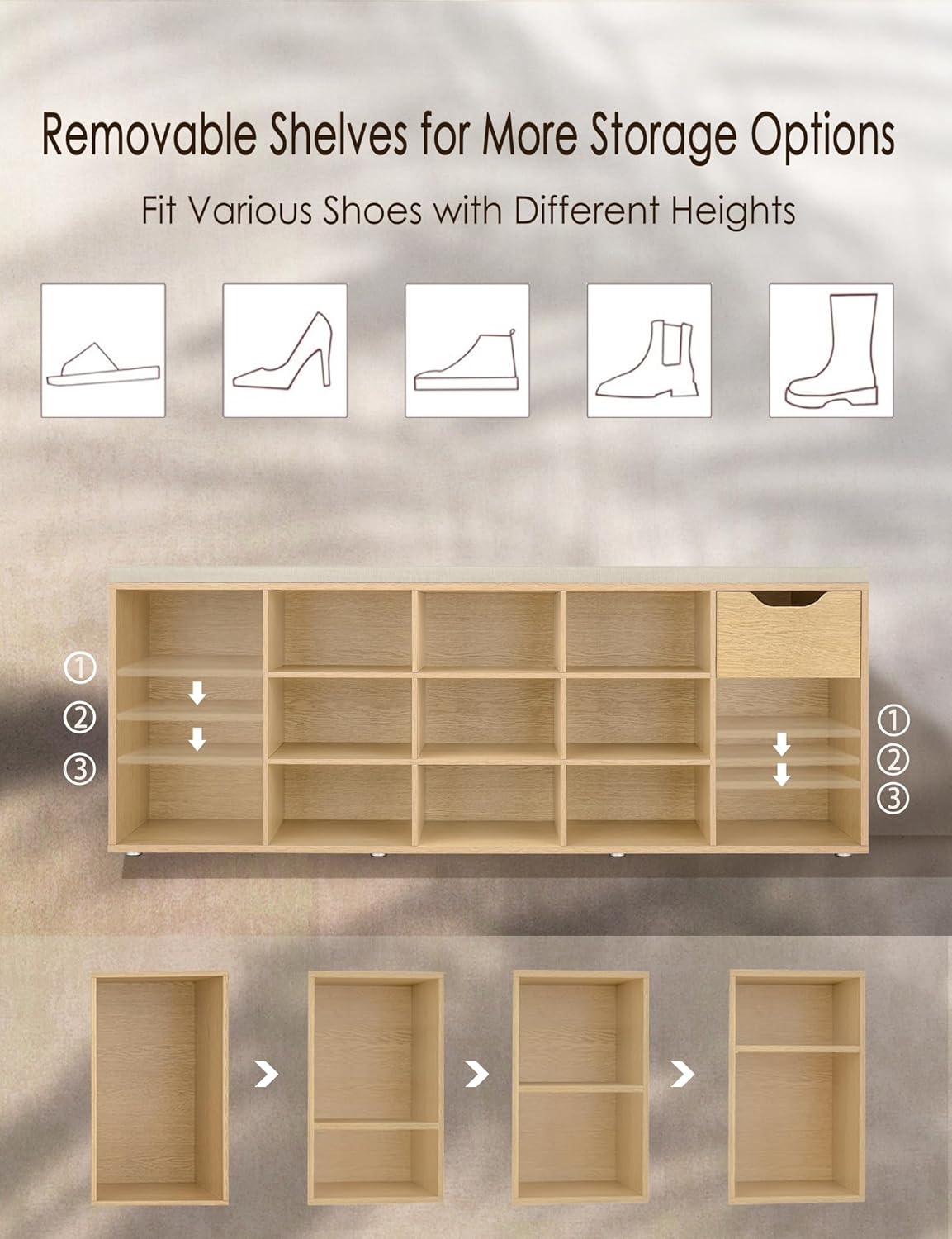 DINZI LVJ Shoe Bench, Entryway Storage Bench with Drawer and 14 Cubbies, Long Cubby Shoe Rack with Adjustable Shelves, Shoe Organizer for Living Room, Bedroom, Mudroom, Garage,Natural