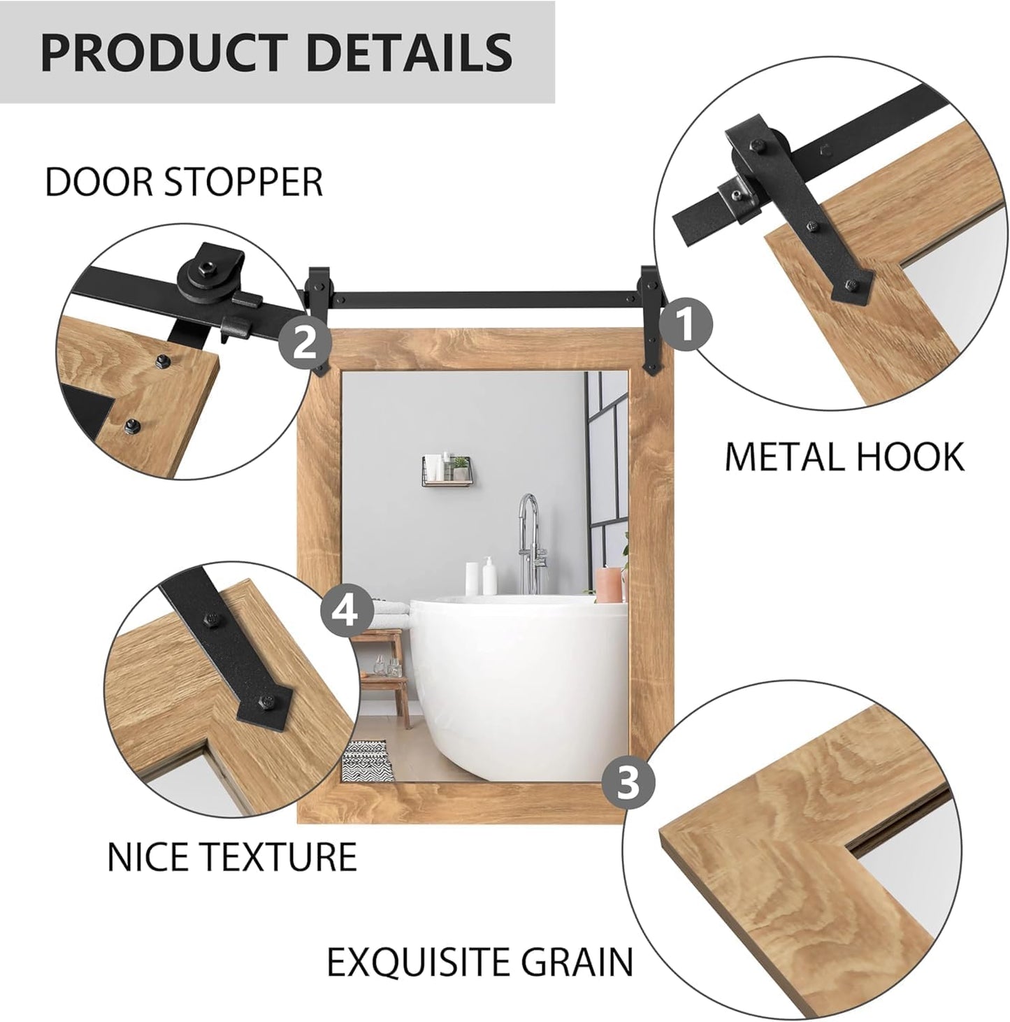 Farmhouse Bathroom Mirror 18" x 24" Rustic Wood Framed Wall Barn Door Mirror for Bathroom, Living Room, Bedroom Wall Decor (Brown)