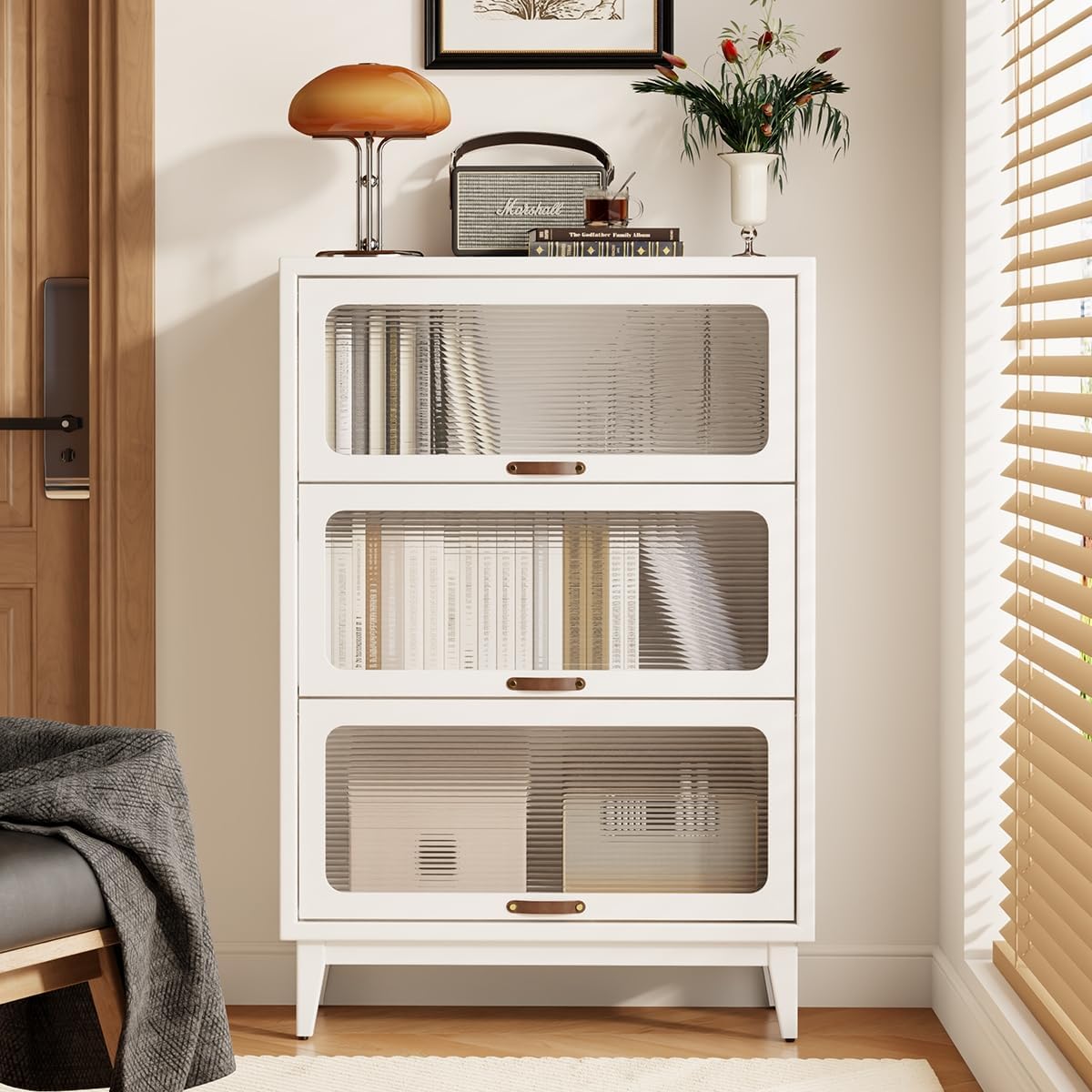 Solid Wood Storage Cabinet with Glass Doors, 3 Shelf Small Storage Cabinet, Mid Century Modern Bookcase, Kitchen Pantry Cabinet (White, 31.5" W)