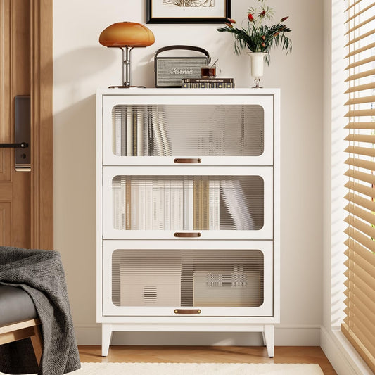 Solid Wood Storage Cabinet with Glass Doors, 3 Shelf Small Storage Cabinet, Mid Century Modern Bookcase, Kitchen Pantry Cabinet (White, 31.5" W)