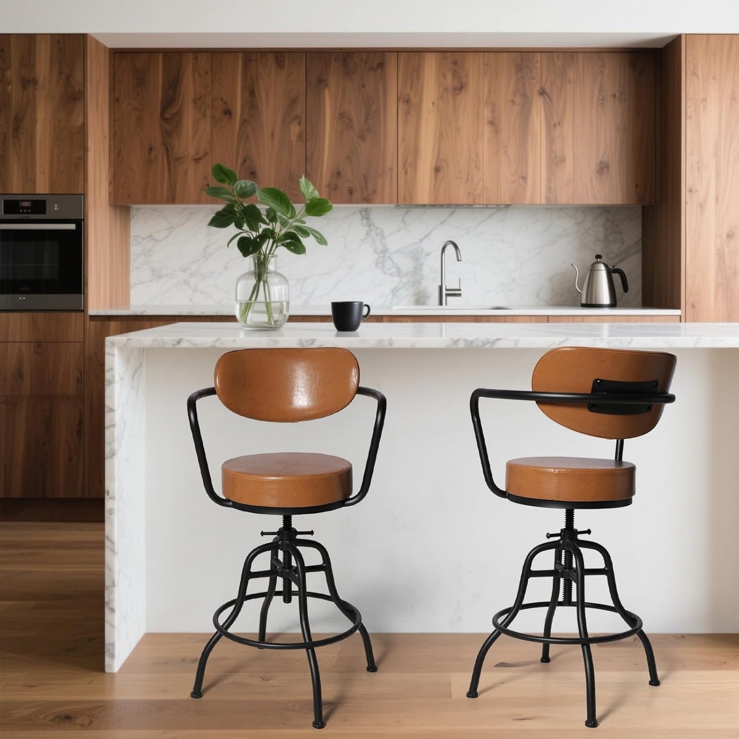 Diwhy Industrial Design Adjustable Height 21.65" - 26" Brown Leather Upholstered Backrest Seat Arm Chair Vintage Counter Stool