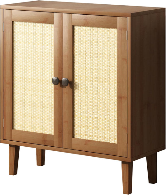 Bamboo Sideboard Buffet Cabinet with Rattan 2 Doors Kitchen Cupboard Accent Entryway Living Room Cabinet Chestnut Brown