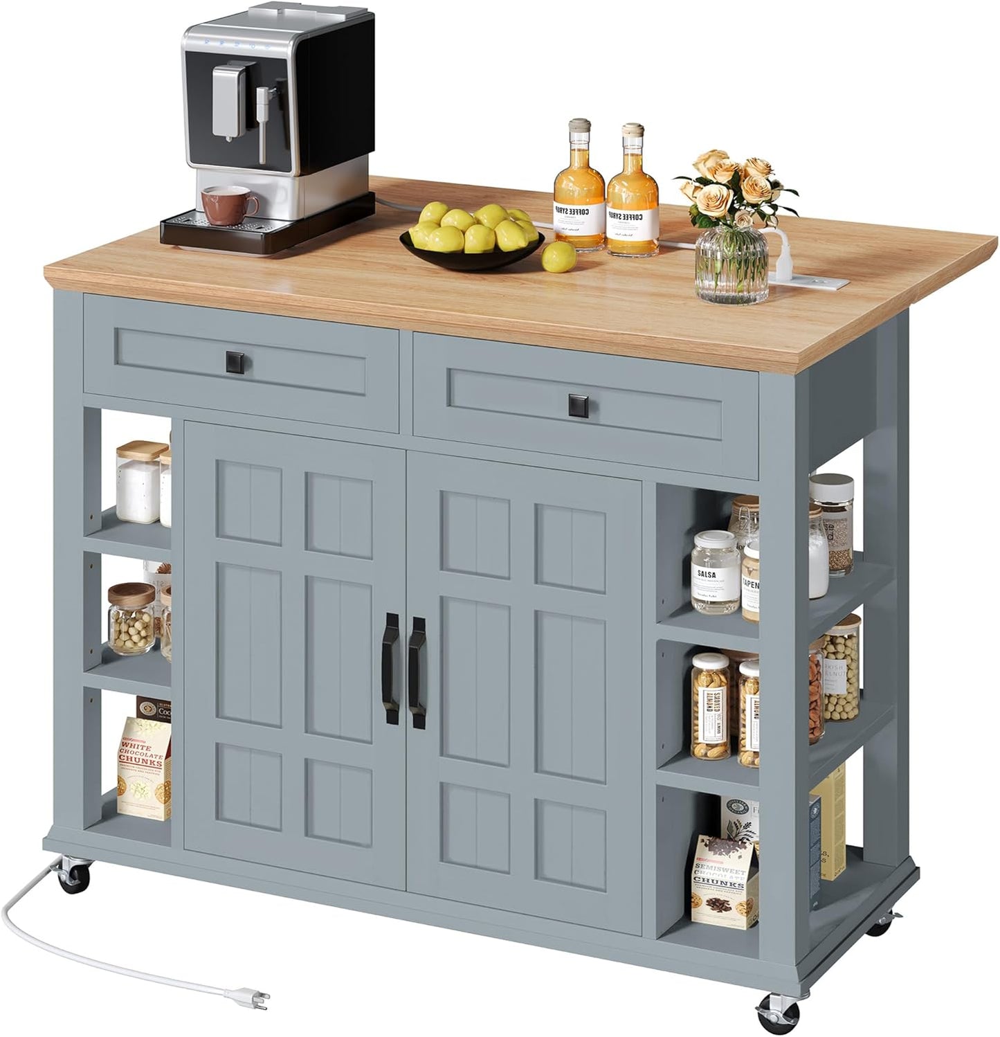 DWVO Rolling Kitchen Island with Drop Leaf, Mobile Storage Islands with Power Outlet Foldable Tabletop, 2 Drawers and Open Shelves, for Living Room, Dining Room, Blue Gray