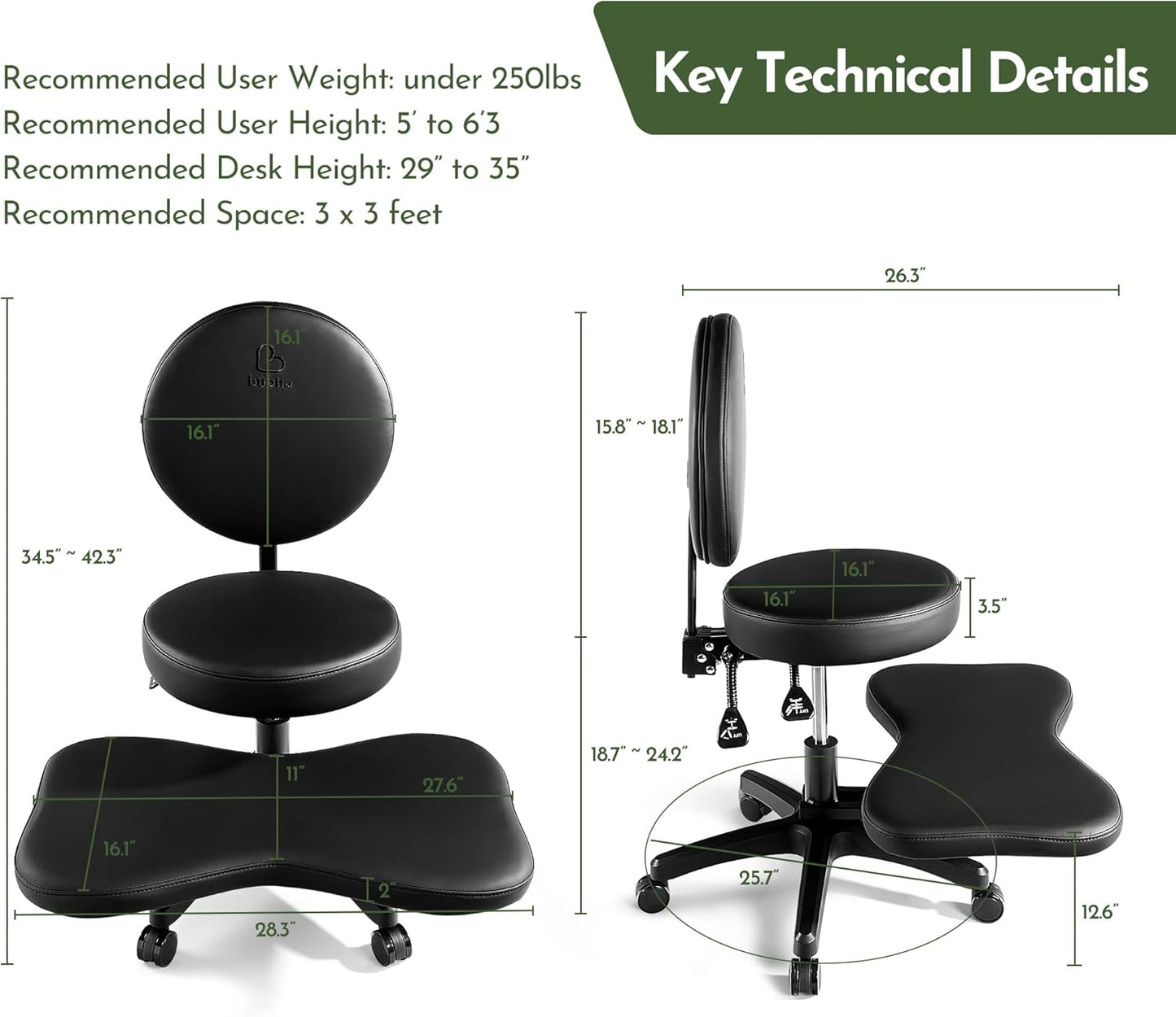 BUBHA Ergonomic Criss Cross Chair, Meditation Chair with Reclining Backrest & Adjustable Height, Cross Legged Office Chair with Wheels, Wide Kneeling Chair Leg Rest,ADHD Desk & Yoga Seat (Black)