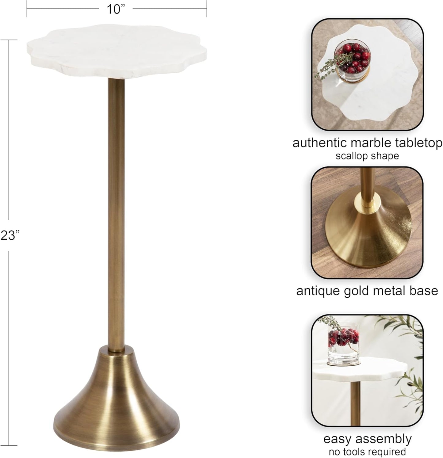 Kate and Laurel Sanzo Modern Pedestal Drink Table, 10 x 10 x 23, Antique Brass and White, Decorative End Table with Scalloped Marble Tabletop for Use as Small Plant Stand or Cute Martini Table