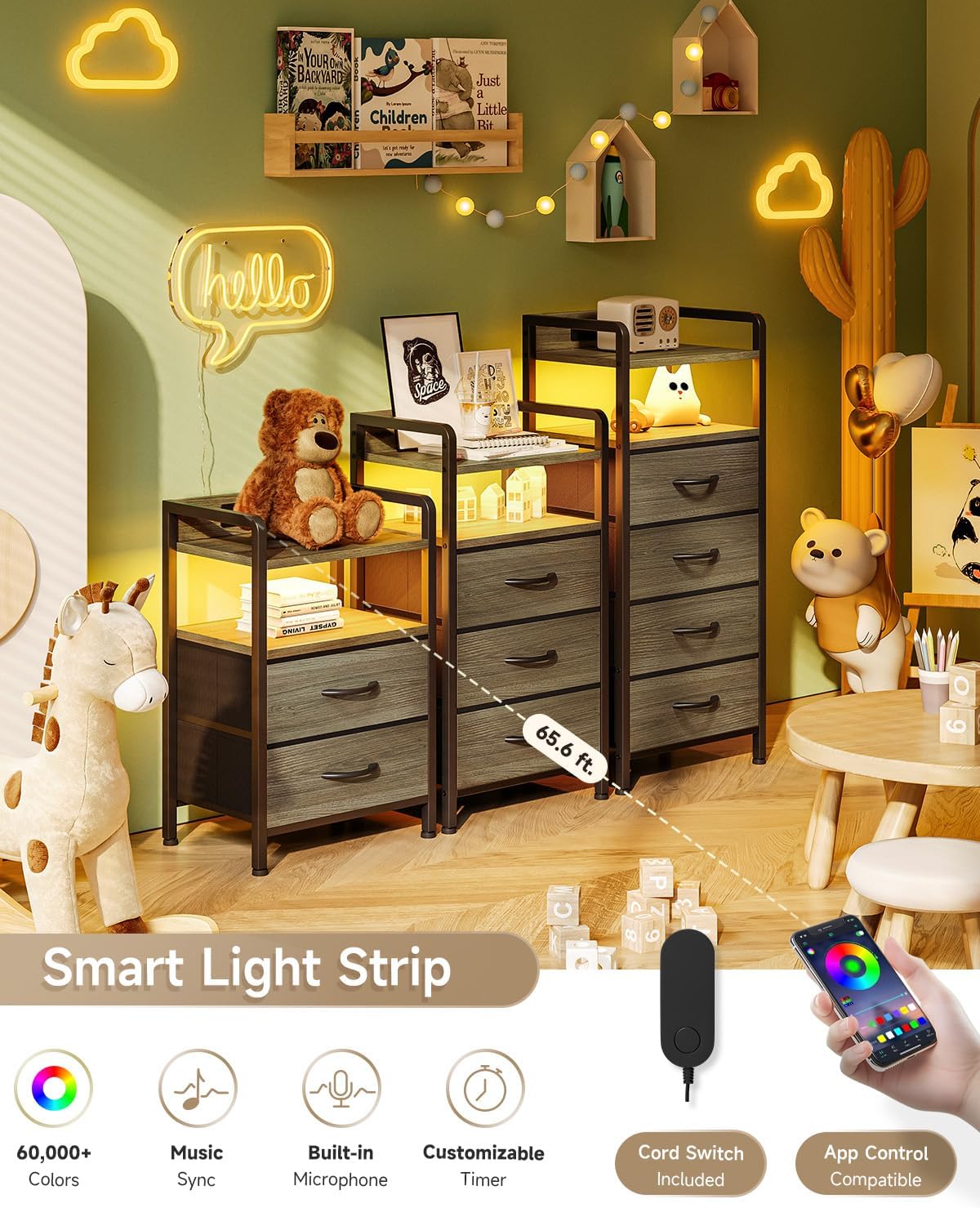 Night Stand Bedside Charger Bedroom - Grey Nightstand with Charging Station & LED Light Strip, Morden End Table with USB Ports & AC Outlets, Night Stand with Storage Shelf & 2 Fabric Drawers