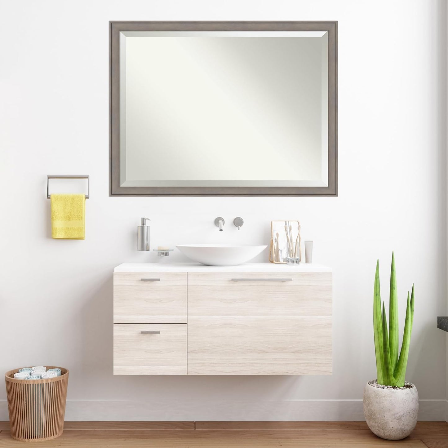 Amanti Art Grey Wall Mirror 34x44 Greywash Rectangle Bathroom Mirror for Wall Decor Living Room, X-Large Country Rustic Wood Frame, Hangs Horizonally and Vertically, Bathroom Decor, Beveled Edge