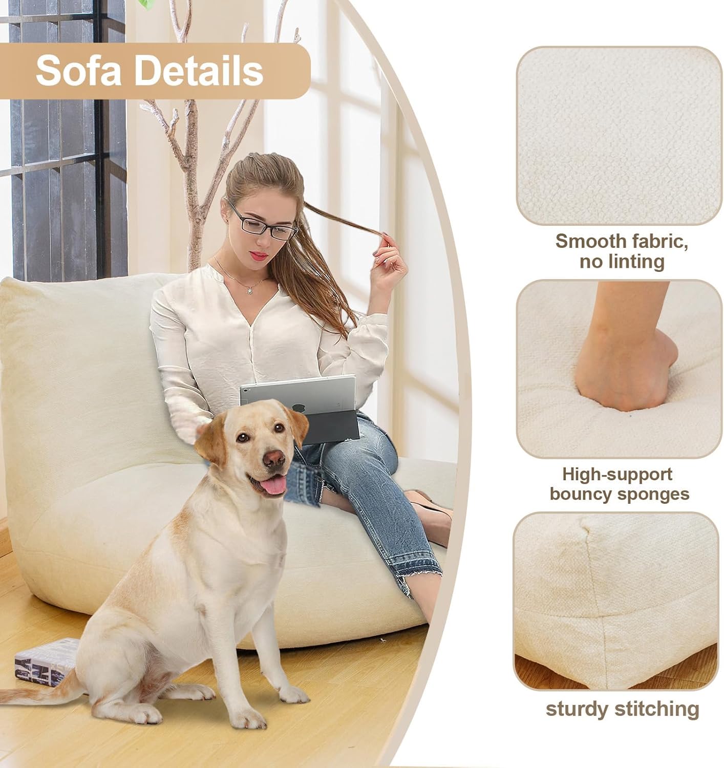 Bean Bag Chairs for Adults, Memory Foam Bean Bag Chair, Spacious Single Sofa, Ergonomic Support Reading Floor Sofa Chair with Filler, Comfy Cozy Beanbag Couch for Bedroom Living Room (Beige)