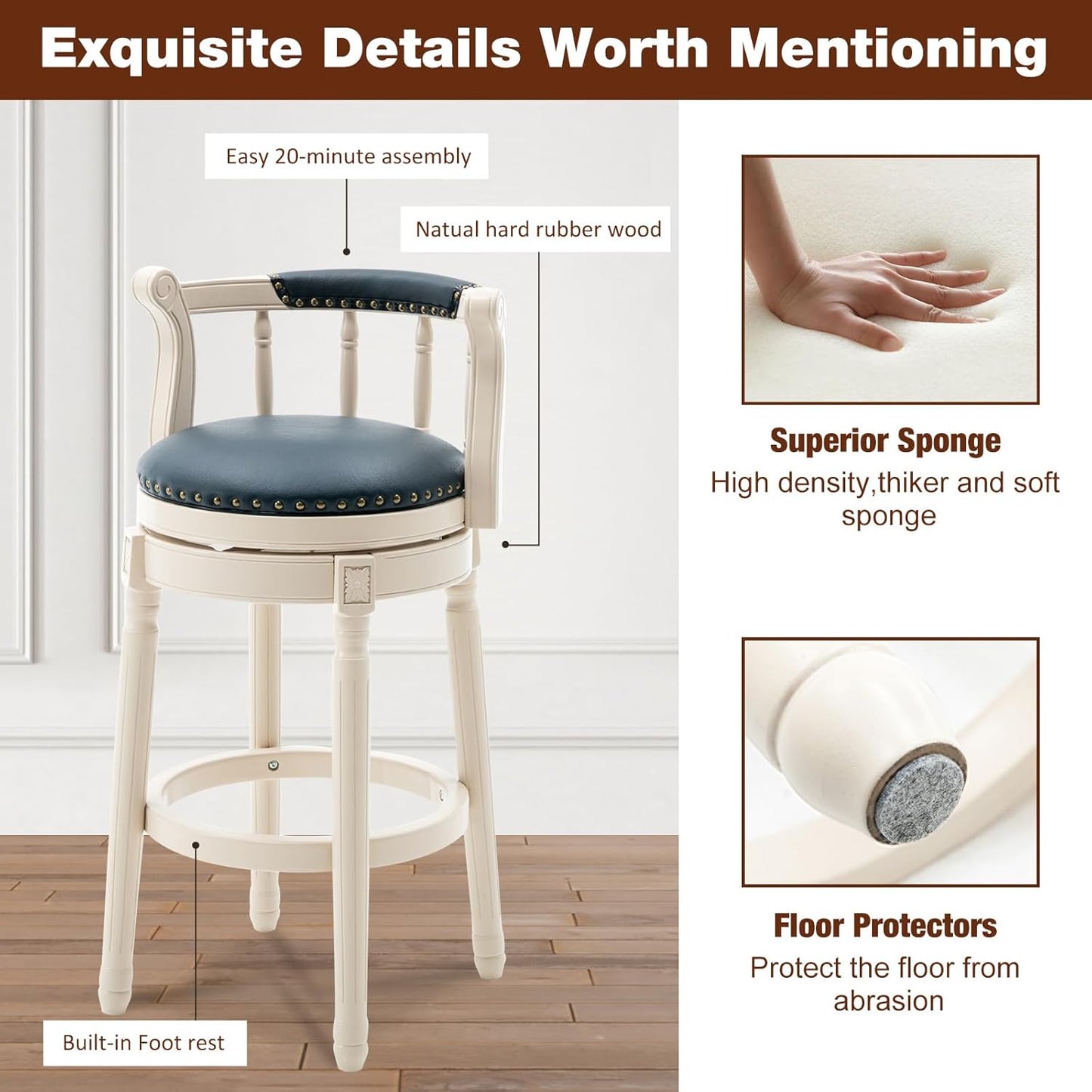 CozyRain Bar Stools Modern Swivel Barstools, Kitchen Counter Genuine Leather Upholstered Bar Stool Island Barstool with Footrest for Home Kitchen Dining Room (Blue, Seat Height 29.5 in)