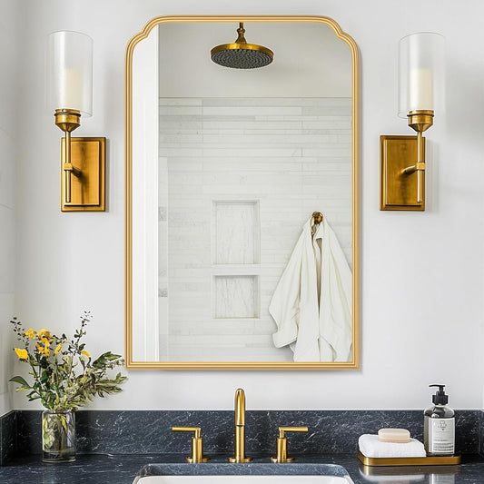 24X36 Inch Gold Mirror for Bathroom, Modern Rounded Corner Rectangle Mirror with Non-Rusting Iron Metal Framed Bathroom Vanity Mirror for Over Sink Wall Decor(Tempered Glass)