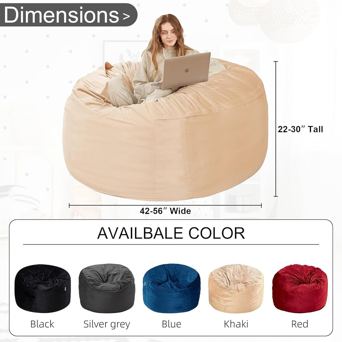 HABUTWAY Bean Bag Chair: Giant 4' Memory Foam Furniture Bean Bag Chairs for Adults with Microfiber Cover 4Ft (Khaki)