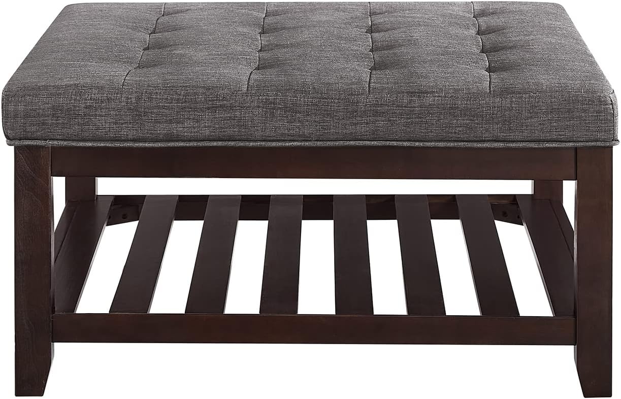 24KF Large Square Upholstered Tufted Linen Ottoman Coffee Table, Large Footrest Ottoman with Solid Wood Shelf-Dark Gray