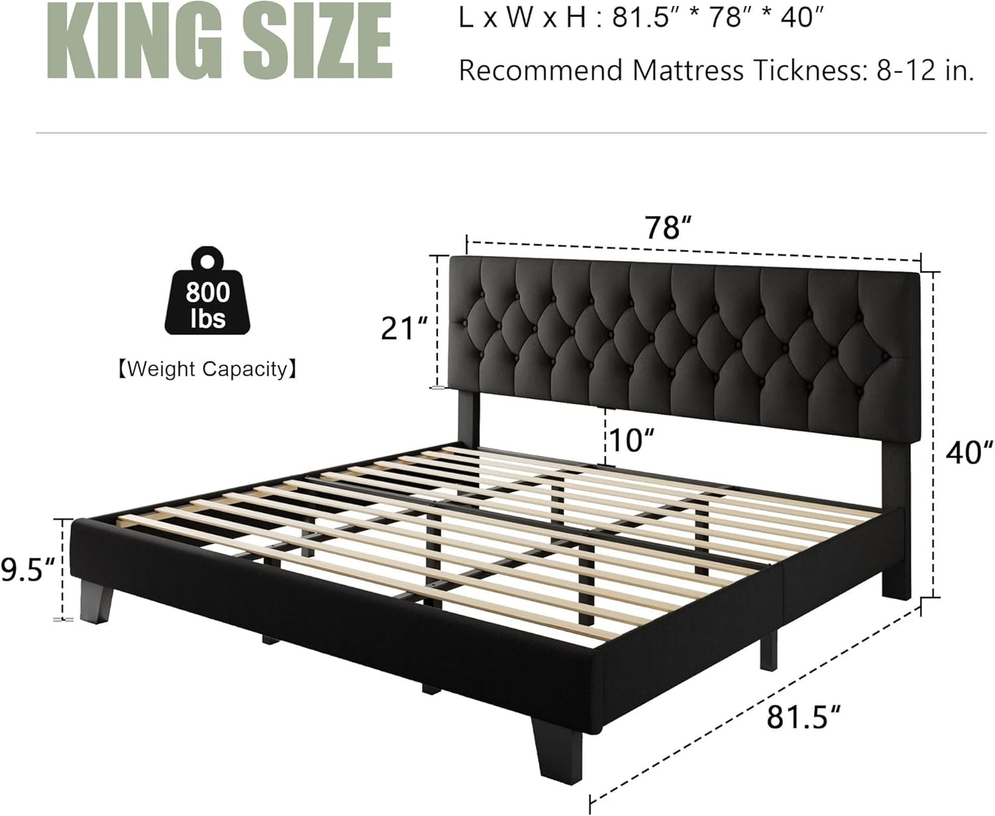 Feonase King Size Platform Bed Frame, Upholstered Bed with Button Tufted Headboard, Heavy Duty Wooden Slats & Thickened Feet, No Box Spring Needed, Noise-Free, Easy Assembly, Black