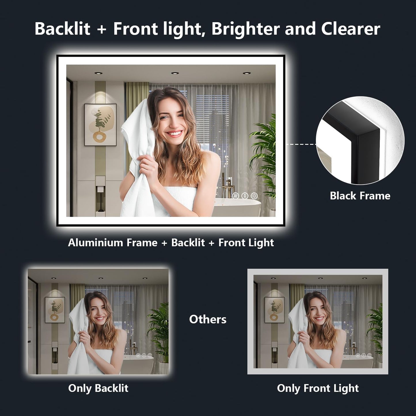51x40 Inch LED Bathroom Mirror with Lights (Front Lit and Backlit) Black Framed Lighted Vanity Mirror for Bathroom Wall Dimmable Anti-Fog Memory Tempered Glass Horizontal/Vertical