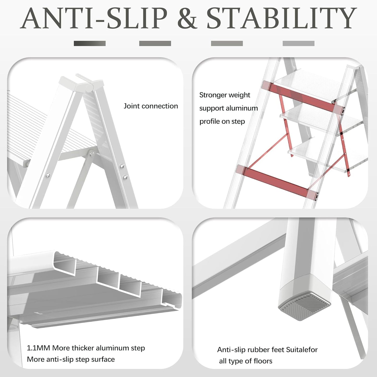 3 Step Lightweight Folding Ladder for Home, 330lbs Aluminum Step Ladder Anti-Slip for Kitchen, Step Stool Foldable Adults for Closet, 330lbs - White