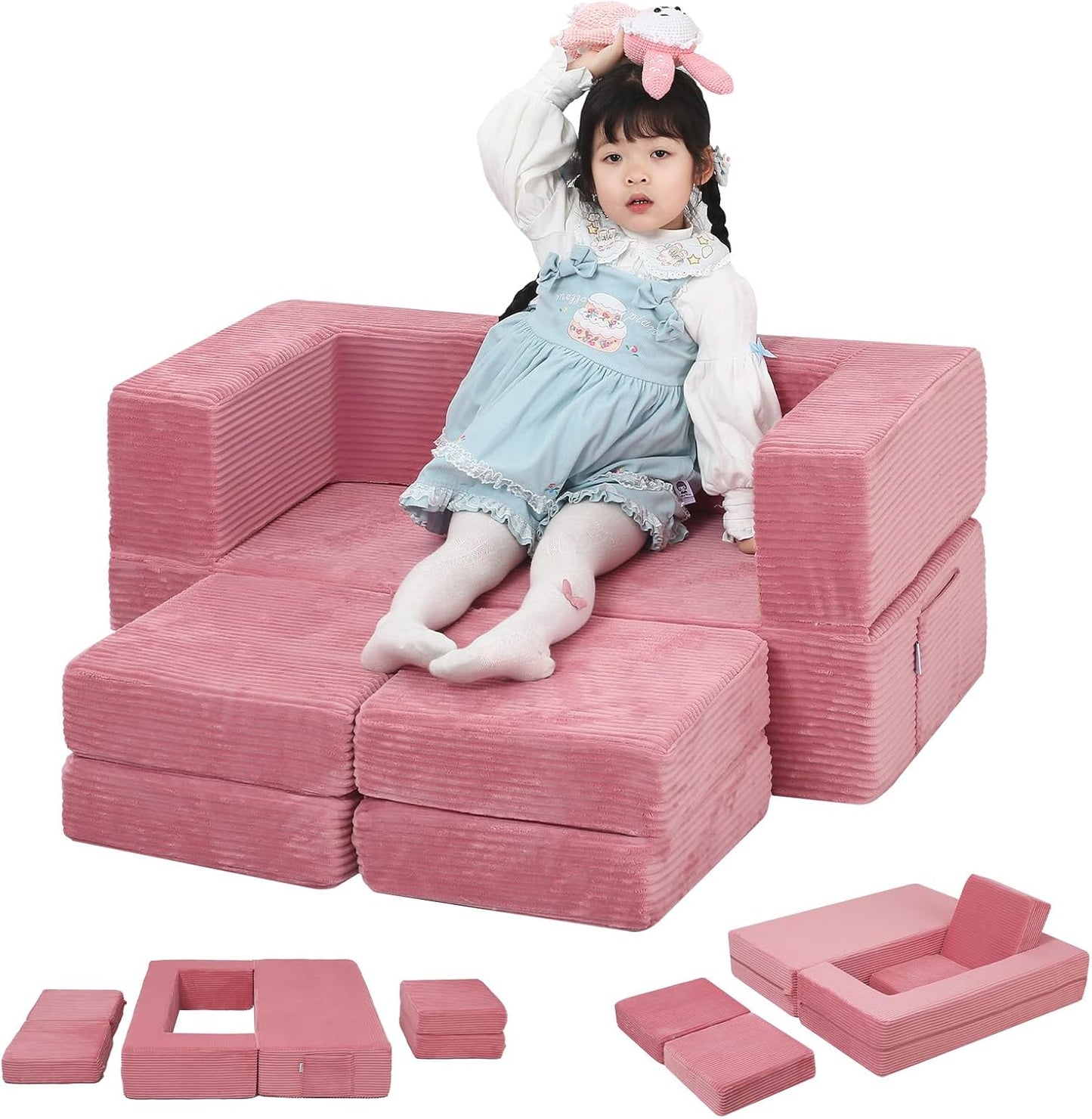 MeMoreCool Modular Kids Couch, Corduroy Play Toddler Couch for Bedroom Playroom Furniture, Convertible Foam Kids Sofa Bed, Fold Out Baby Sofa for Girl Boy, Pink