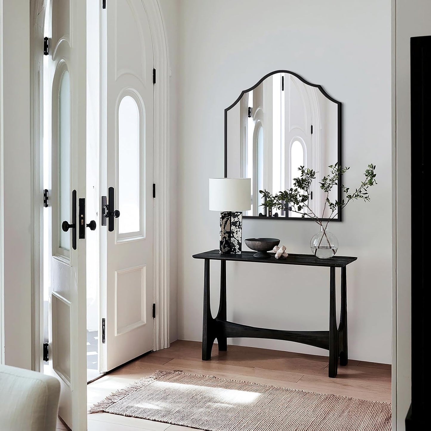 32"x30" Vanity Mirror for Wall, with Black Arched Decorative Metal Frame, Scalloped Entryway Mirror for Bedroom, Bathroom, Living Room