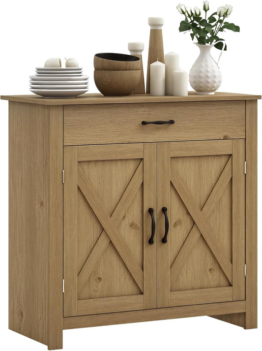 HOMCOM Farmhouse Sideboard Buffet Cabinet, Barn Door Coffee Bar Cabinet with Drawer and Adjustable Shelf, for Living Room, Entryway, Natural Wood