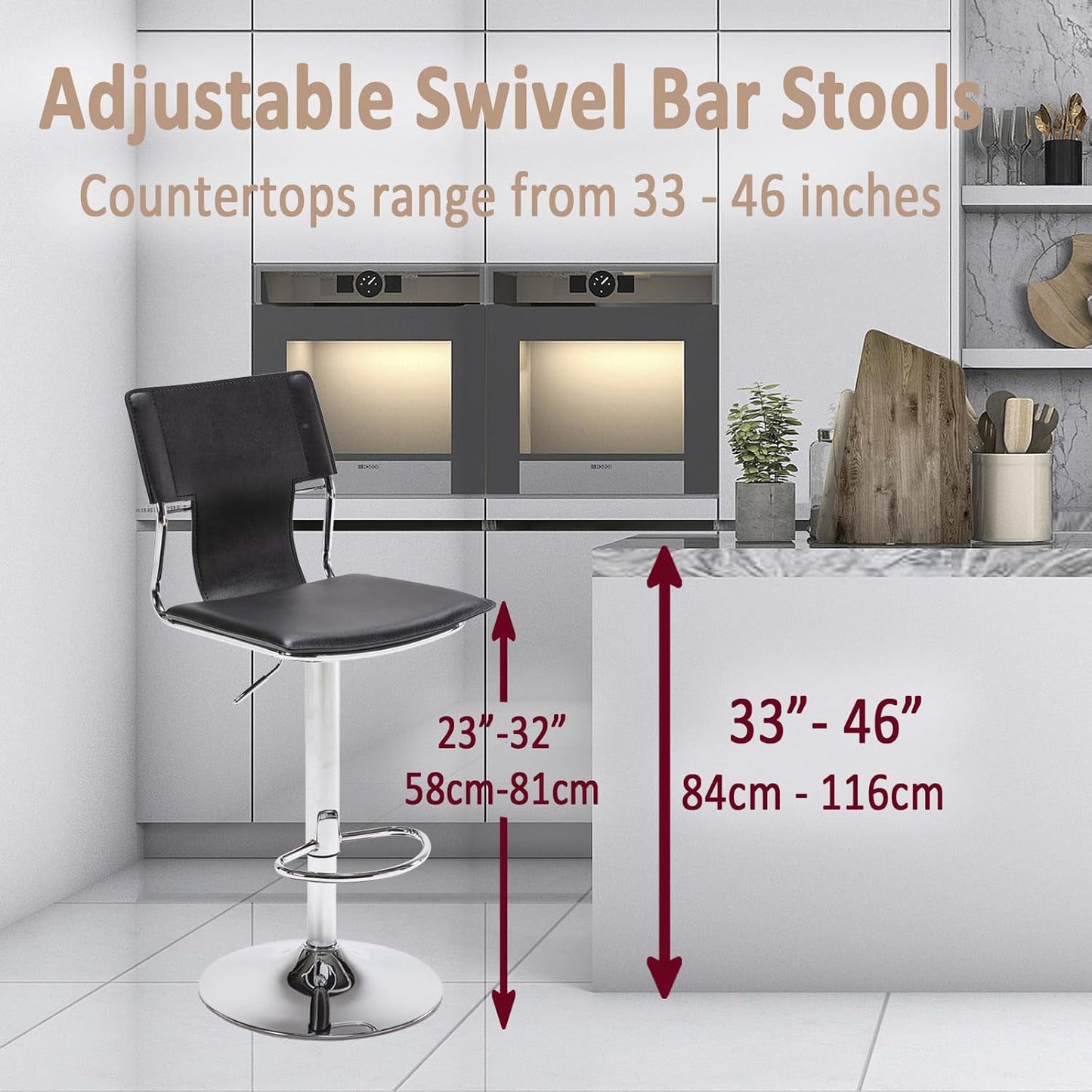 Sidanli Swivel Barstools Set of 2, Adjustable Barstools Set of 2，Faux Leather Bar Chairs for Kitchen Island, Hydraulic Counter Height Bar Stools with Backrest, Black