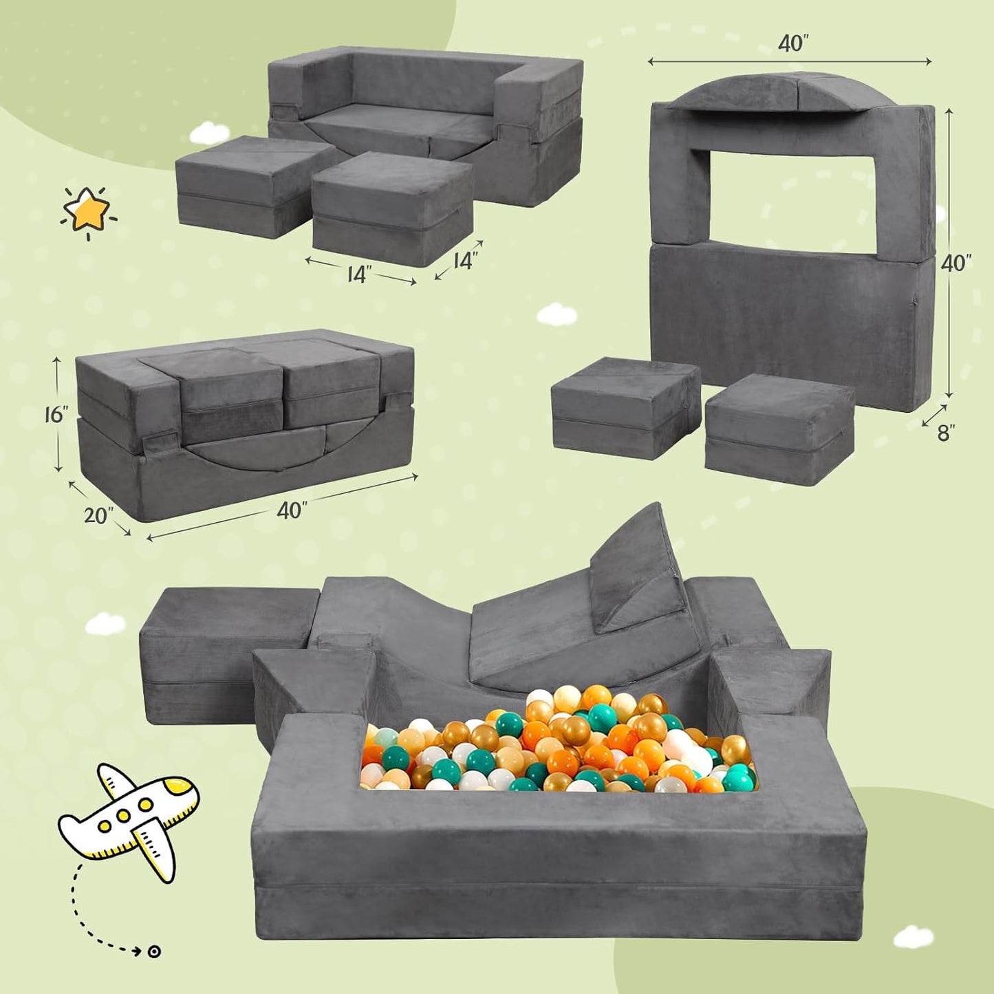 Modular Kids Play Couch, Kids Sofa Toddler Couch, Foam Play Set with Recliner, Toddler Sofa for Creative Boys & Girls, Convertible Foam Climbing Blocks