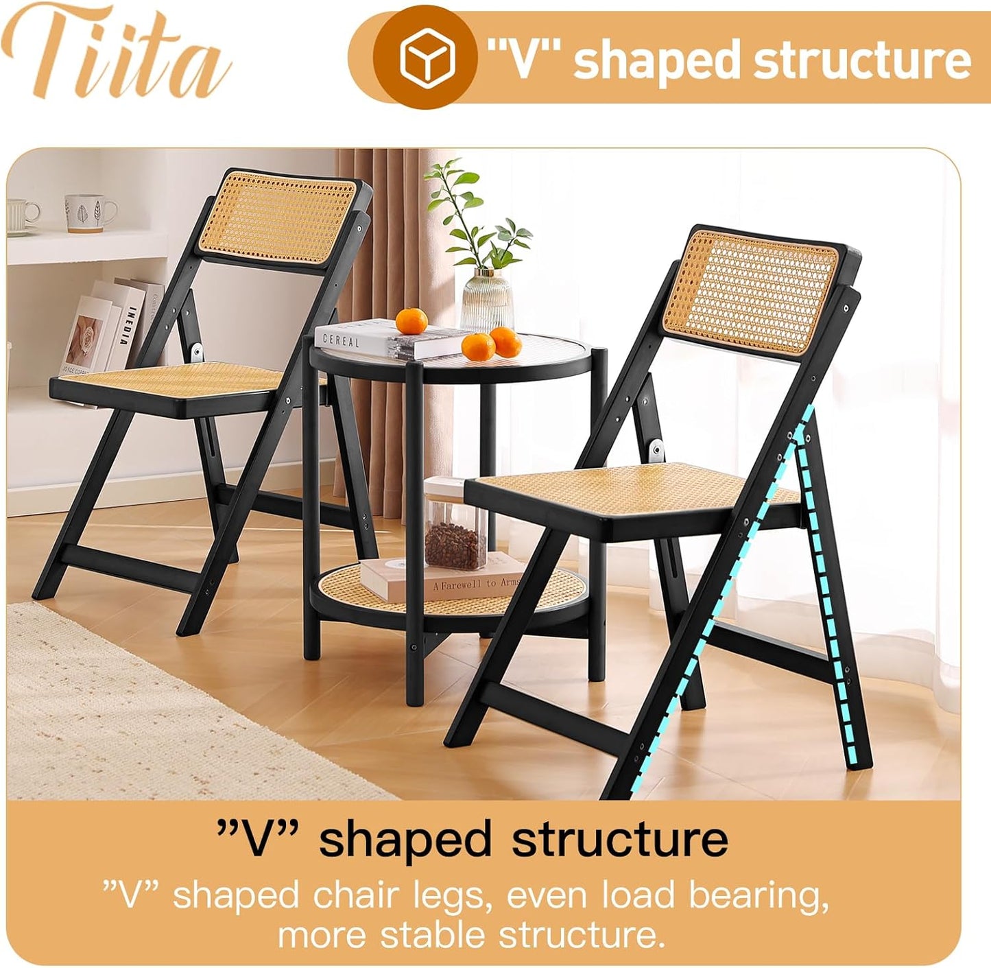 Tiita Rattan Dining Chairs Set of 2, Mid Century Modern Folding Chair, Bamboo Folding Dining Chairs for Small Space, Dining Room, Living Room, Bedroom, Black