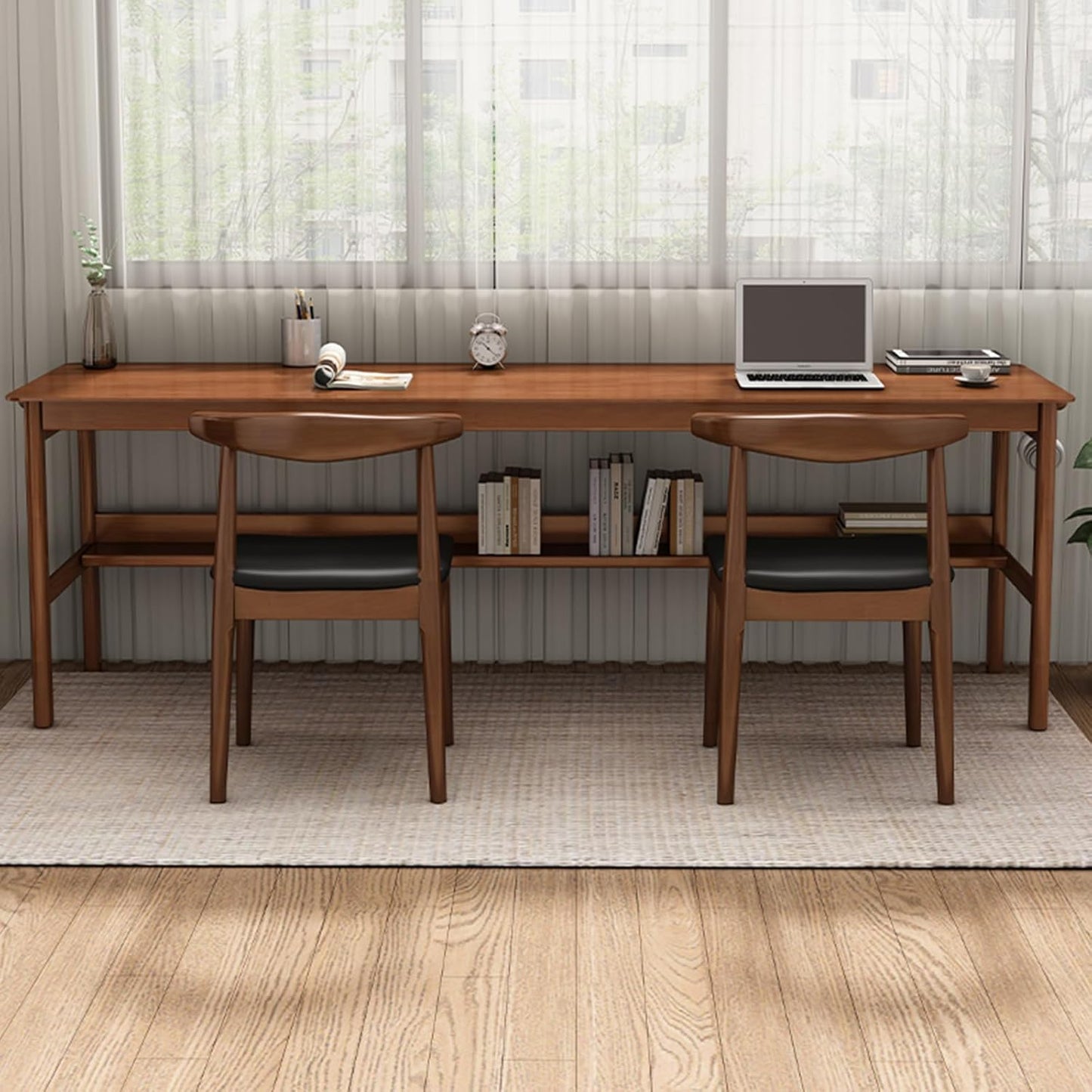 Solid Wood Long Desk 63 inch Home Office Work Desk, 2-Person Simple Writing Desk Table Computer Workstation with Storage Shelf for Living Room, Study Room, Bedroom, Walnut