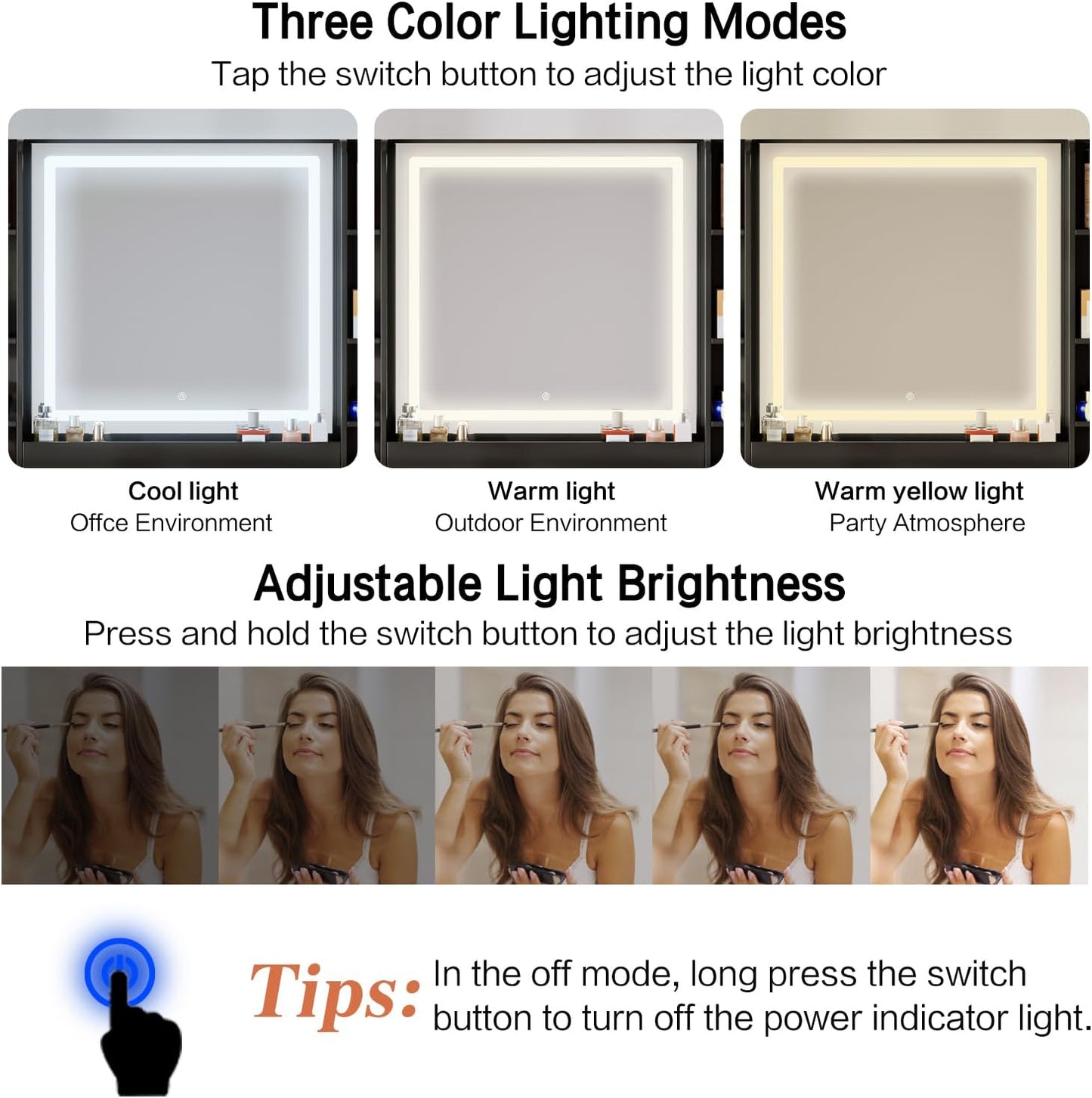 42" Makeup Vanity Desk with Mirror and Lights, & Power Outl, Glass Top Big Vanity Table with 9 Drawers& 8 Storage Shelves, Dressing Table Set with Chair for Bedroom, Black