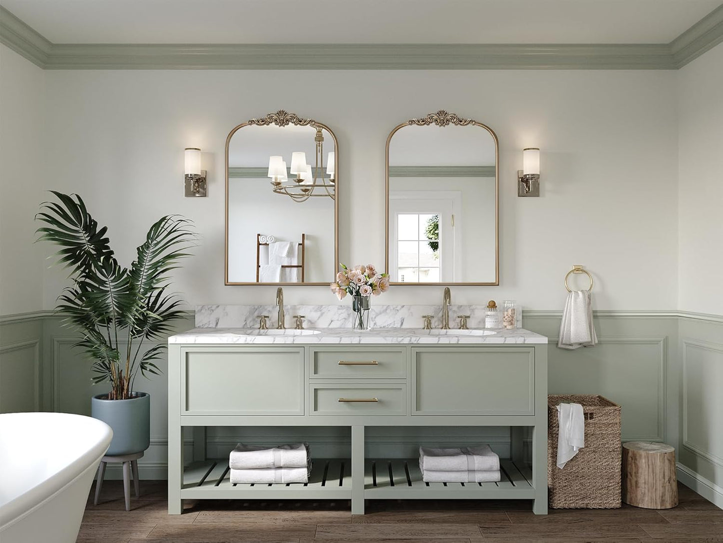 Antique Baroque Gold Mirror, 24” x 36” Vintage Vanity Mirror for Fireplace Mantel, Arch Bathroom Mirror for Wall with Ornate Metal Frame for Entryway Bedroom Living Room