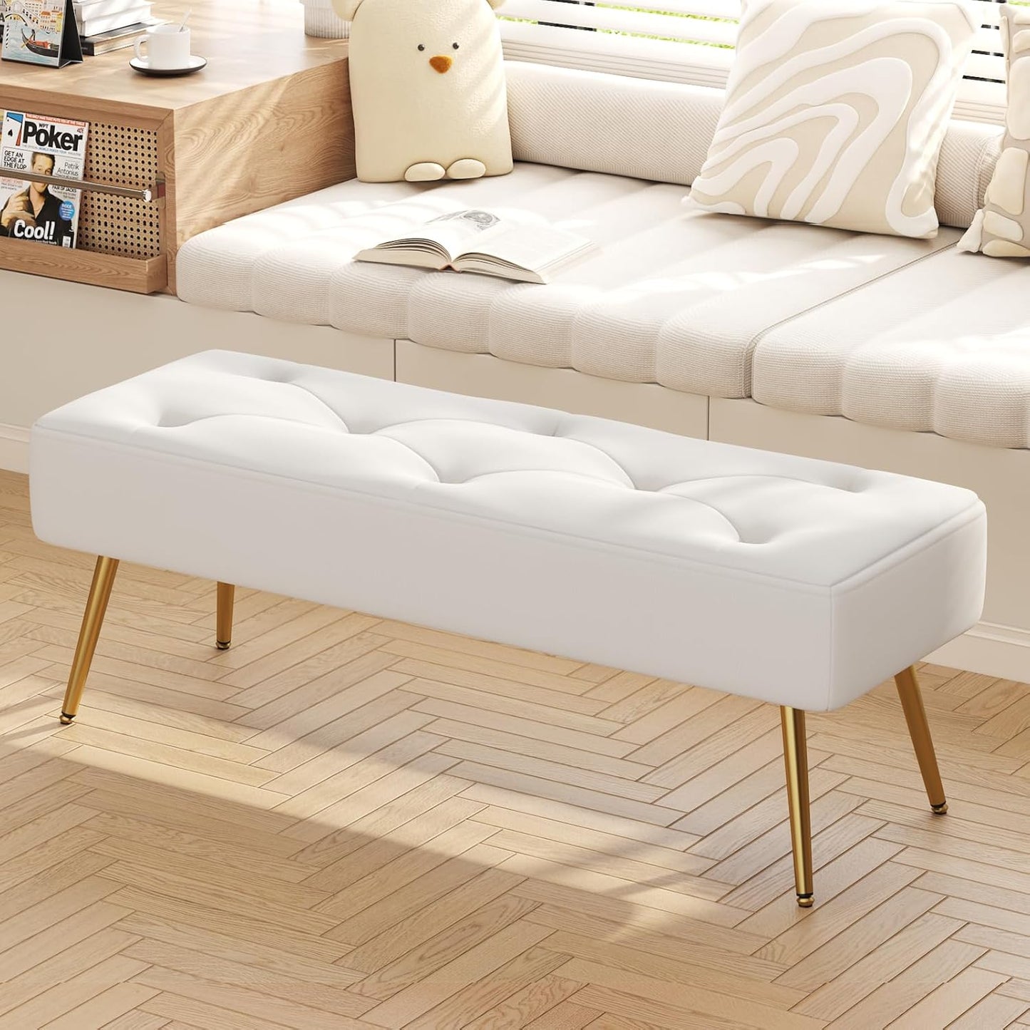 Furniliving Modern PU Leather Benches, Upholstered Tufted Leather Bedroom Ottoman 44" Ottoman Bench with X-Shaped Metal Legs for Makeup Room, Solid Bed Bench for Foyer, IvoryWhite