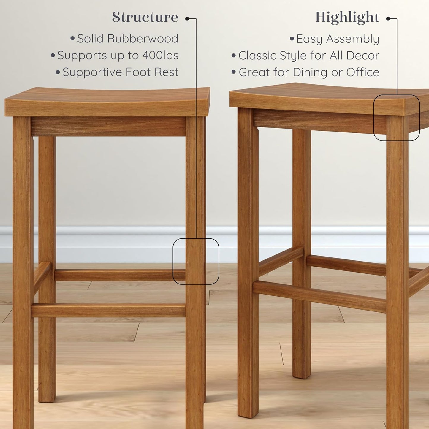 Grain & Grove Smith Collection Set of 2 Solid Wood Bar Stools, 30 inch Saddle-Seat Bar Chairs, Backless, Heavy-Duty Construction, Footrest Support, for Kitchen Islands, Home Bars, and Counters, Pecan