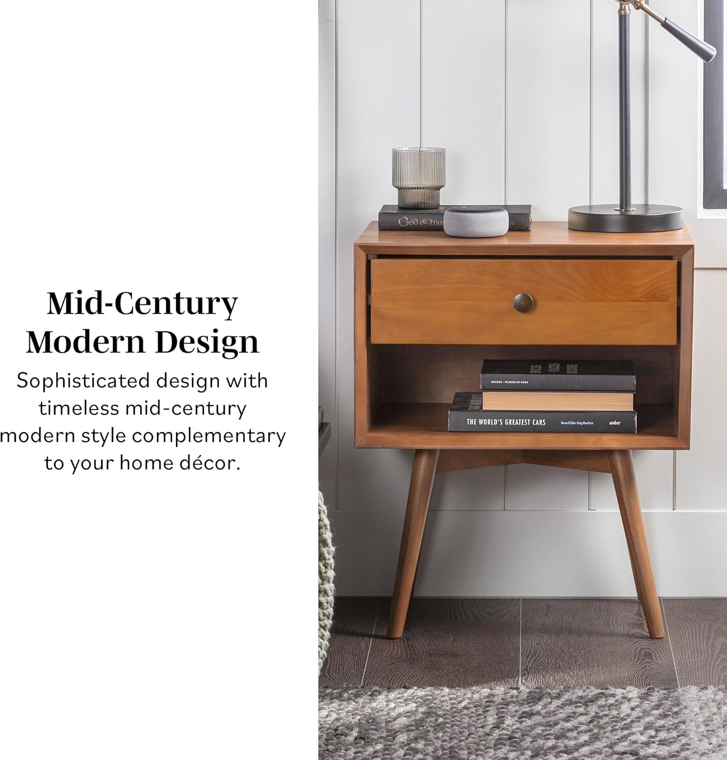 Walker Edison Mid Century Modern Wood Nightstand Side Table Bedroom Storage Drawer and Shelf Bedside End Table, 1 Drawer, Caramel