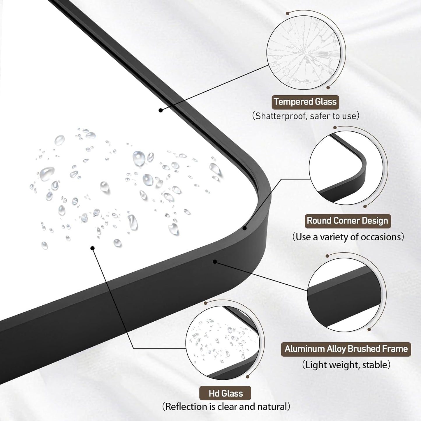 Black Bathroom Mirror, 26x38 Inch Matte Black Mirror, Aluminum Alloy Framed Vanity Mirror, Rounded Rectangle Mirror for Over Sink, Anti-Rust Wall Mirror (Horizontally or Vertically)