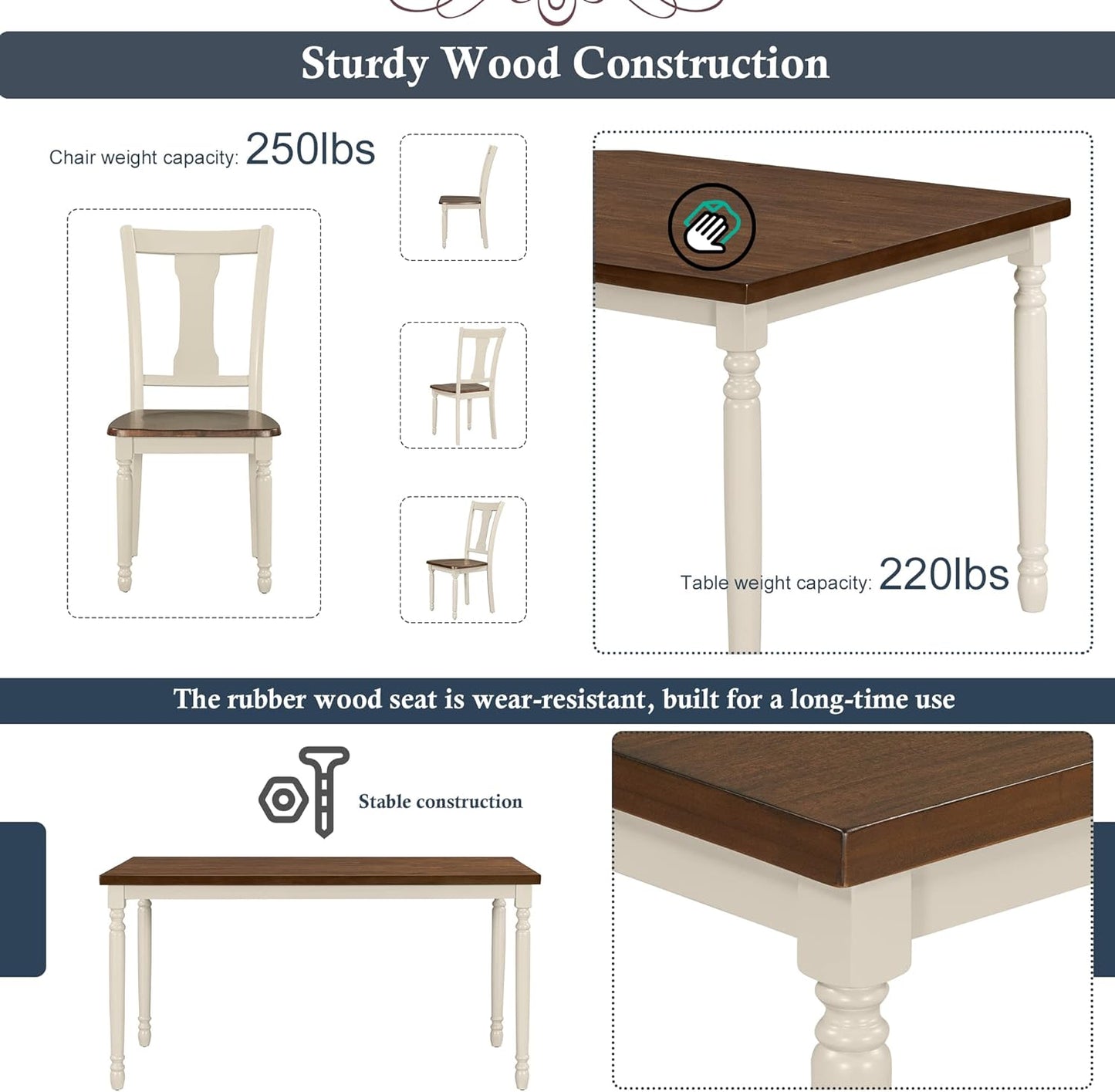 6 Pieces Dining Table Set with 60" Rectangle Kitchen Desk,Living Room Furniture W/ 4 Concave Arc Chairs & 1 Bench,for Restaurant,Home Bistro,Brown+Cottage White