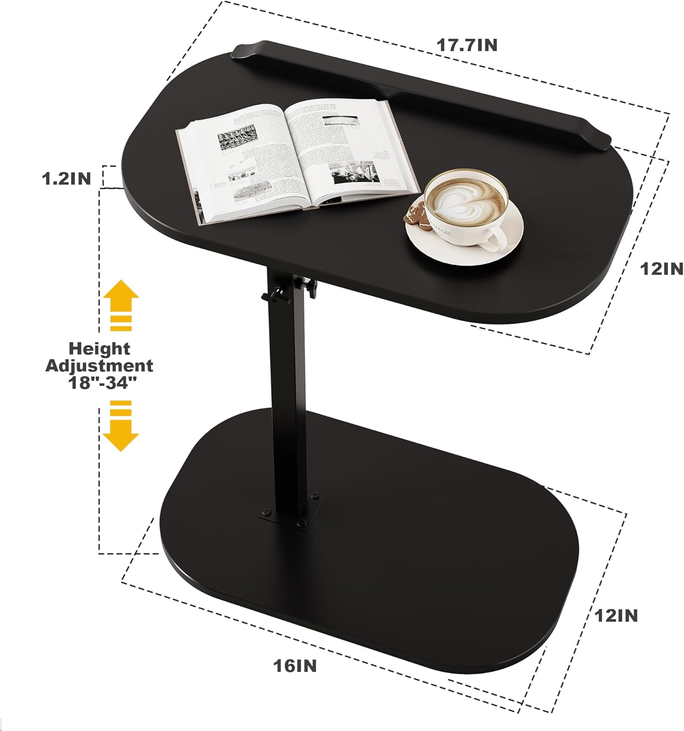 C Shaped End Side Table with Anti-Drop Rod, Adjustable Height & 360° Swivel Snack Table for Couch, Sofa, Bedroom, Living Room, TV Tray Table for Eating, Dinner or Laptop, Small Spaces, Black