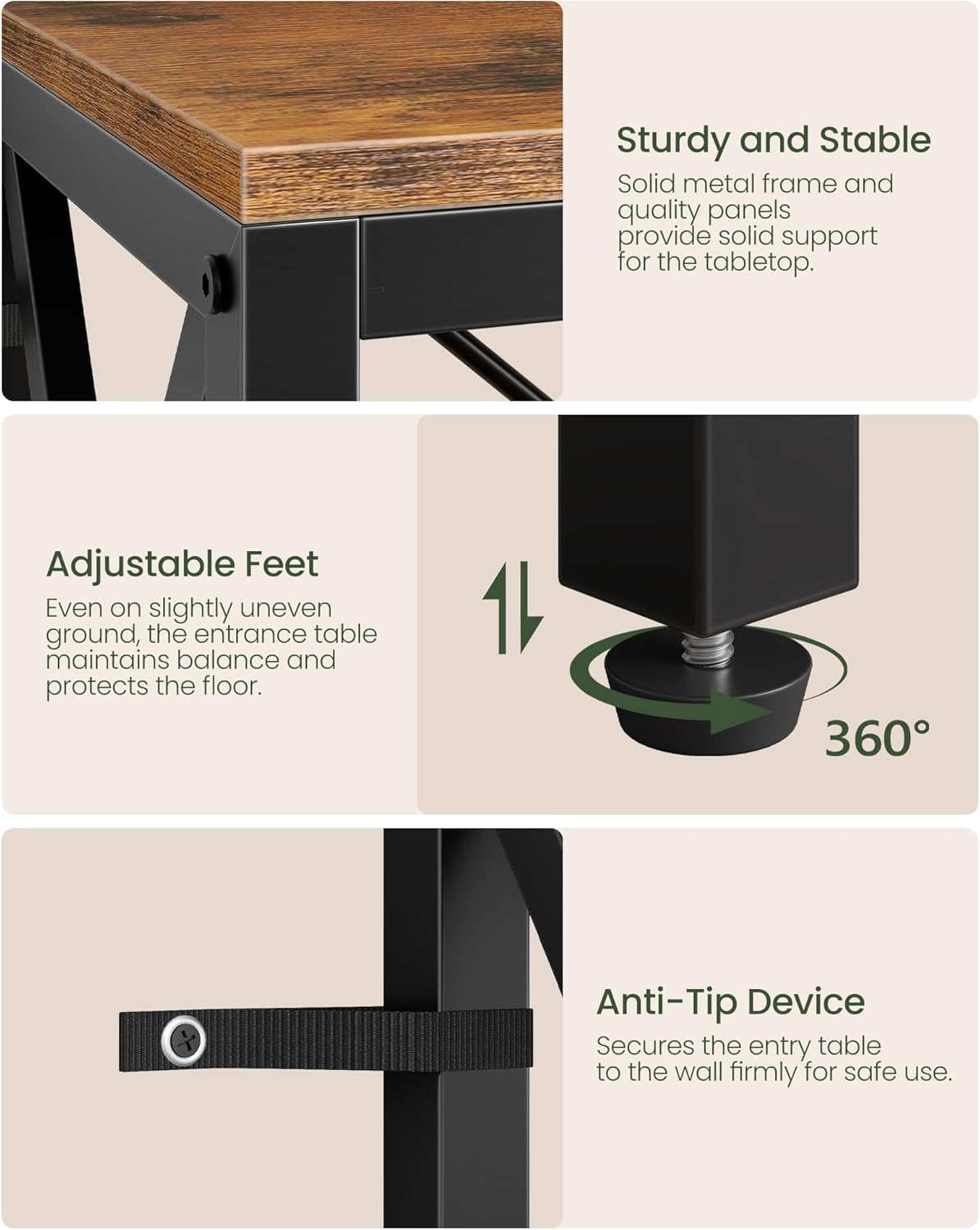 47.2" Console Table with Charging Station, 3-Tier Entryway Table, Industrial Sofa Desk, Hallway Desk with 2 AC Outlets and 2 USB Ports Metal Frame, Rustic Brown and Black TXG01UBF