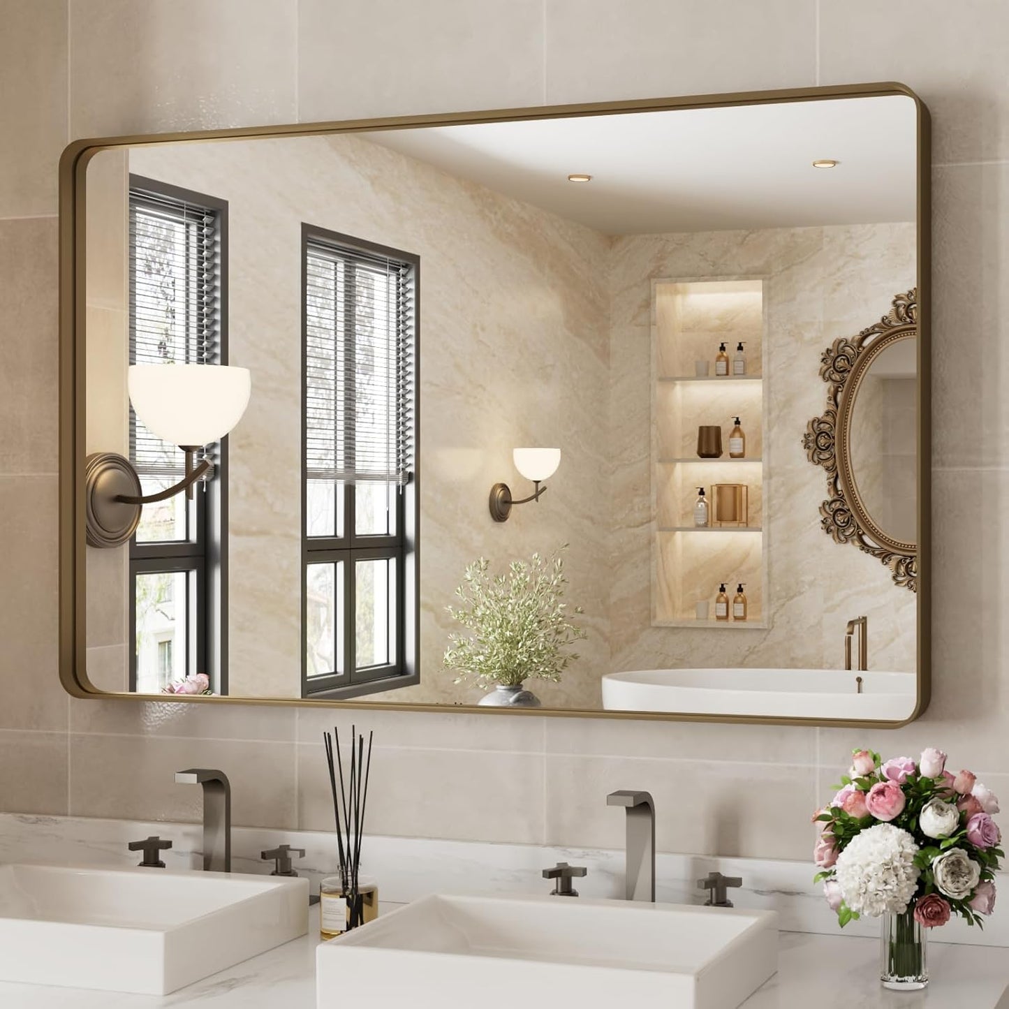 WEER 48x30 Inch Bronze Bathroom Mirror for Vanity, Brushed Bronze Metal Frame Mirror for Wall, Rounded Rectangle Bronze Frame Mirror with Tempered Glass, Anti-Rust (Horizontal/Vertical)